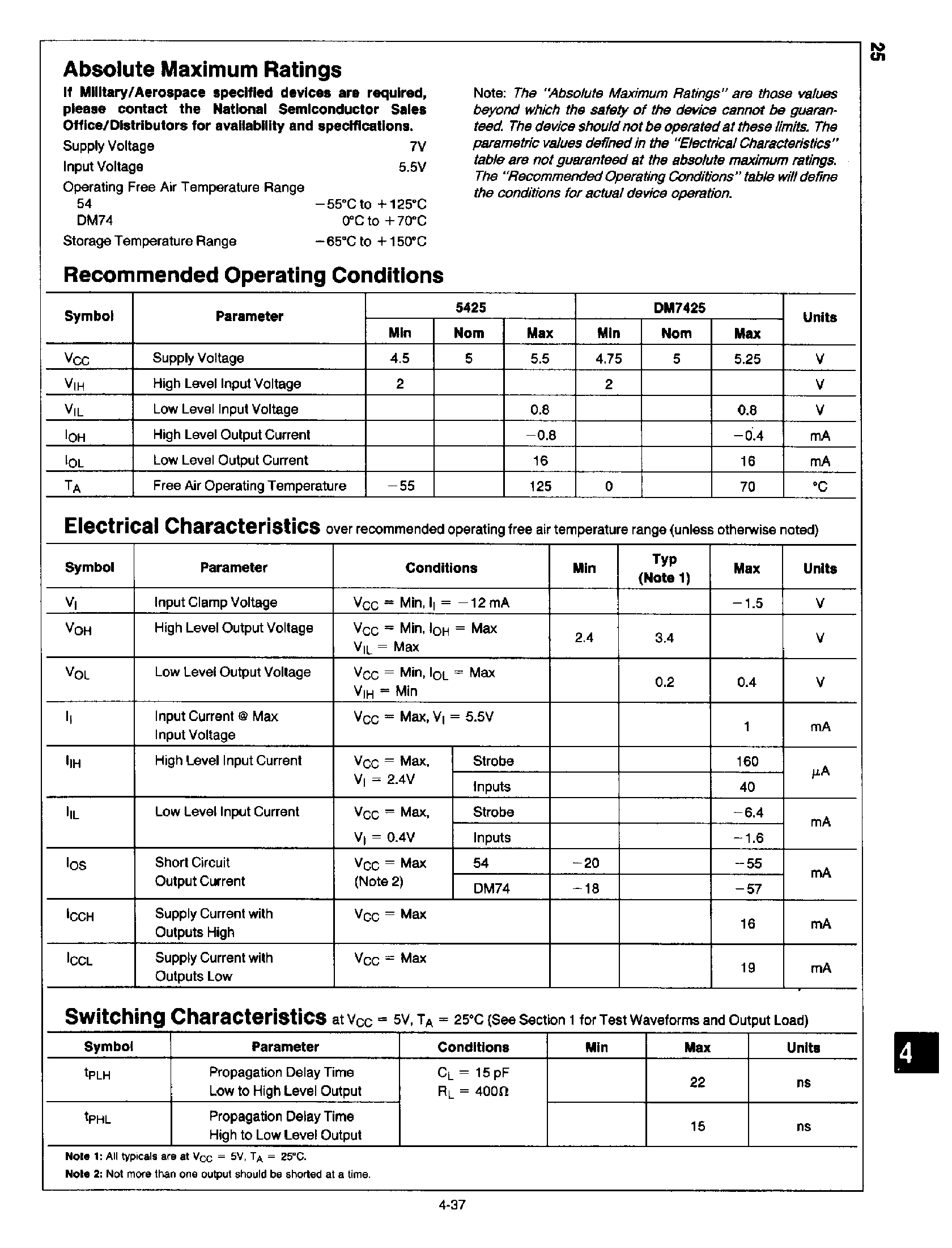 Datasheet DM7425 page 2 Datasheet DM7425 - Dual 4-Input NOR Gate page 2