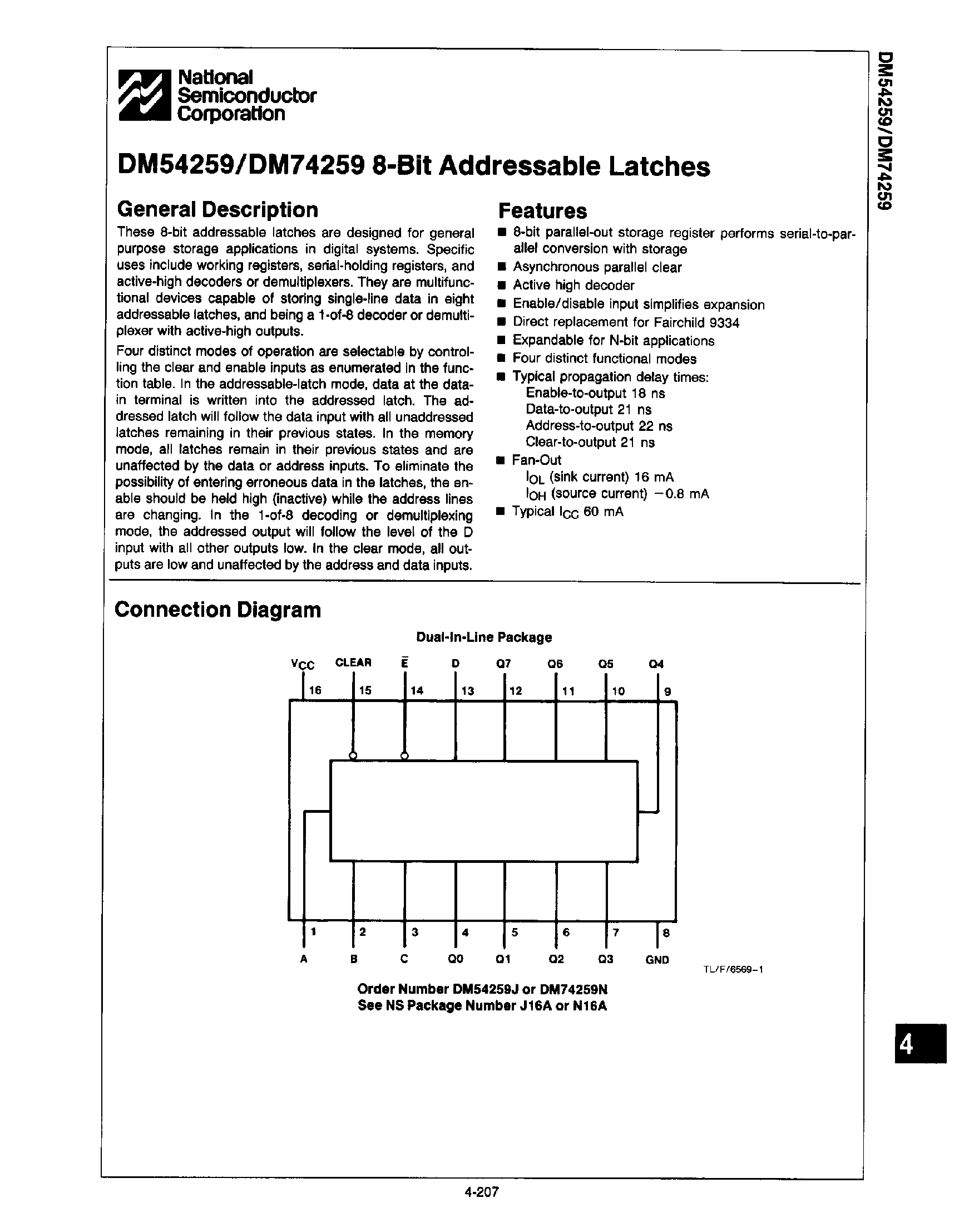 Datasheet DM74259 page 1 Datasheet DM74259 - 8-Bit Addressable Latches page 1