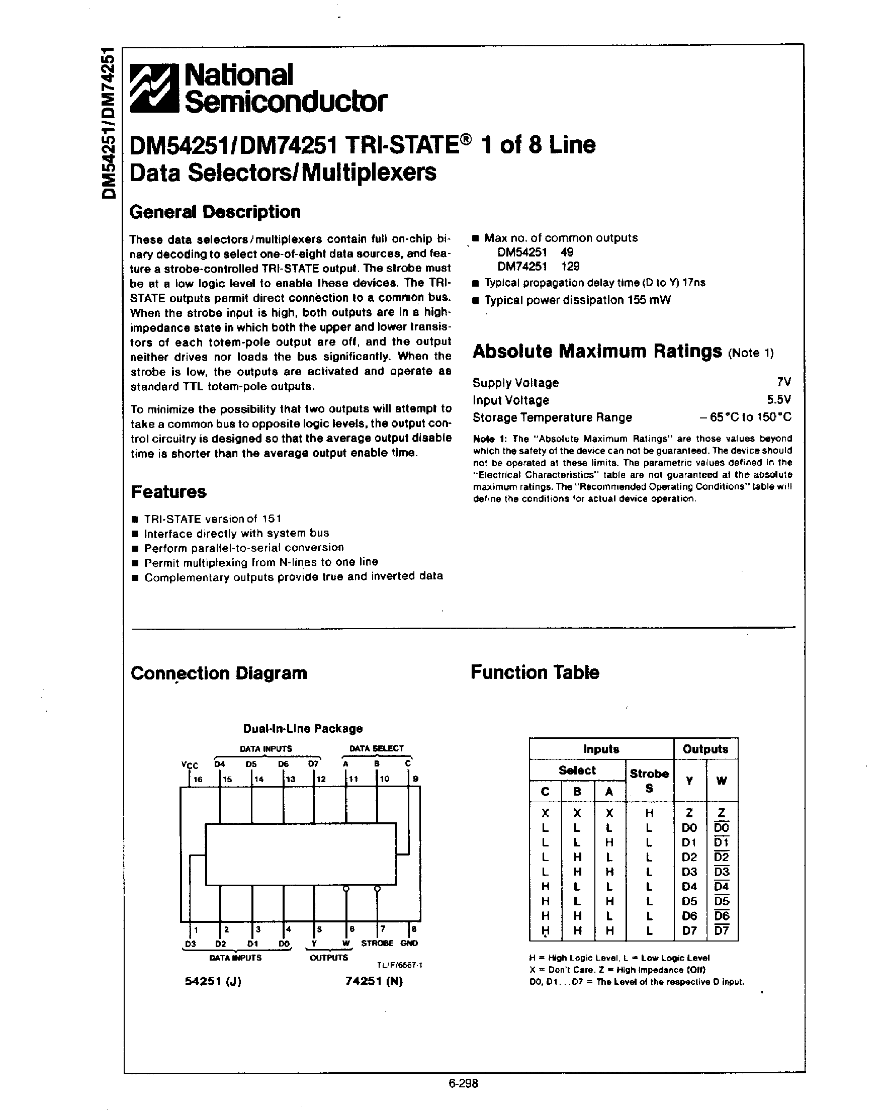 Даташит DM74251 - 1 of 8 Line Data Selectors / Multiplexers страница 1