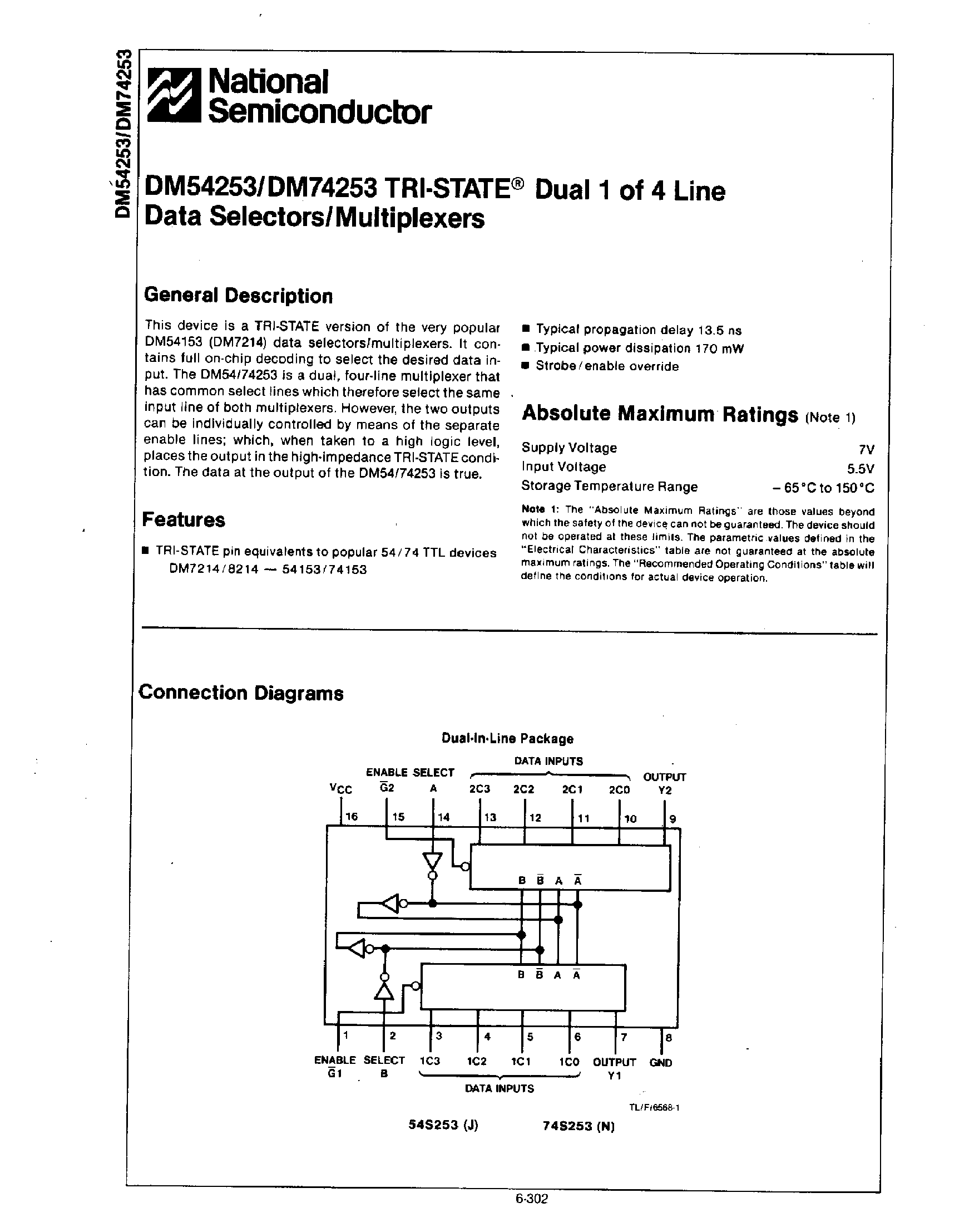 Datasheet DM74253 - Dual 1 to 4 Line Data Selectors / Multiplexers page 1