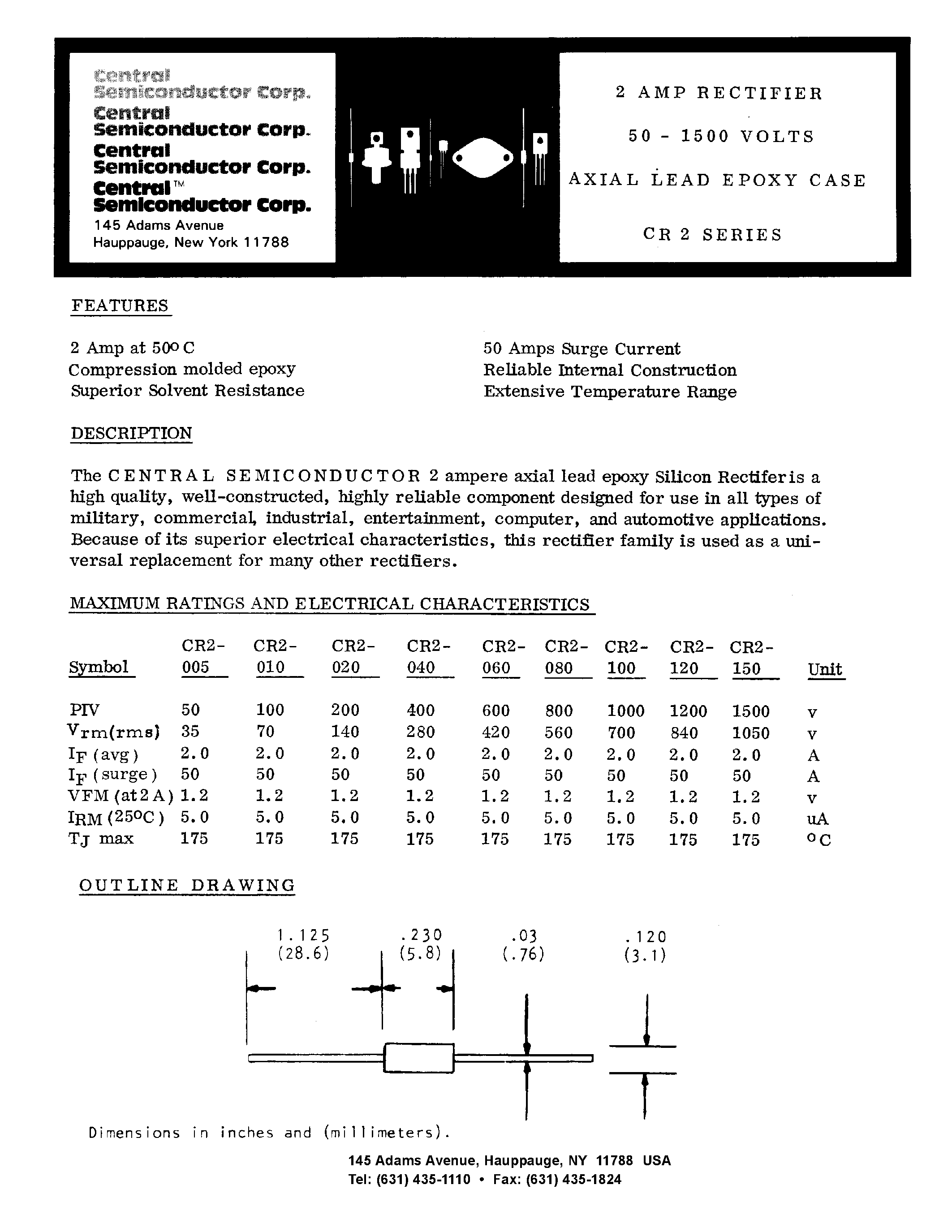 Datasheet CR2-xxx - 2 AMP RECTIFIER 50-1500 VOLTS AXIAL LEAD EPOXY CASE CR2 SERIES page 1