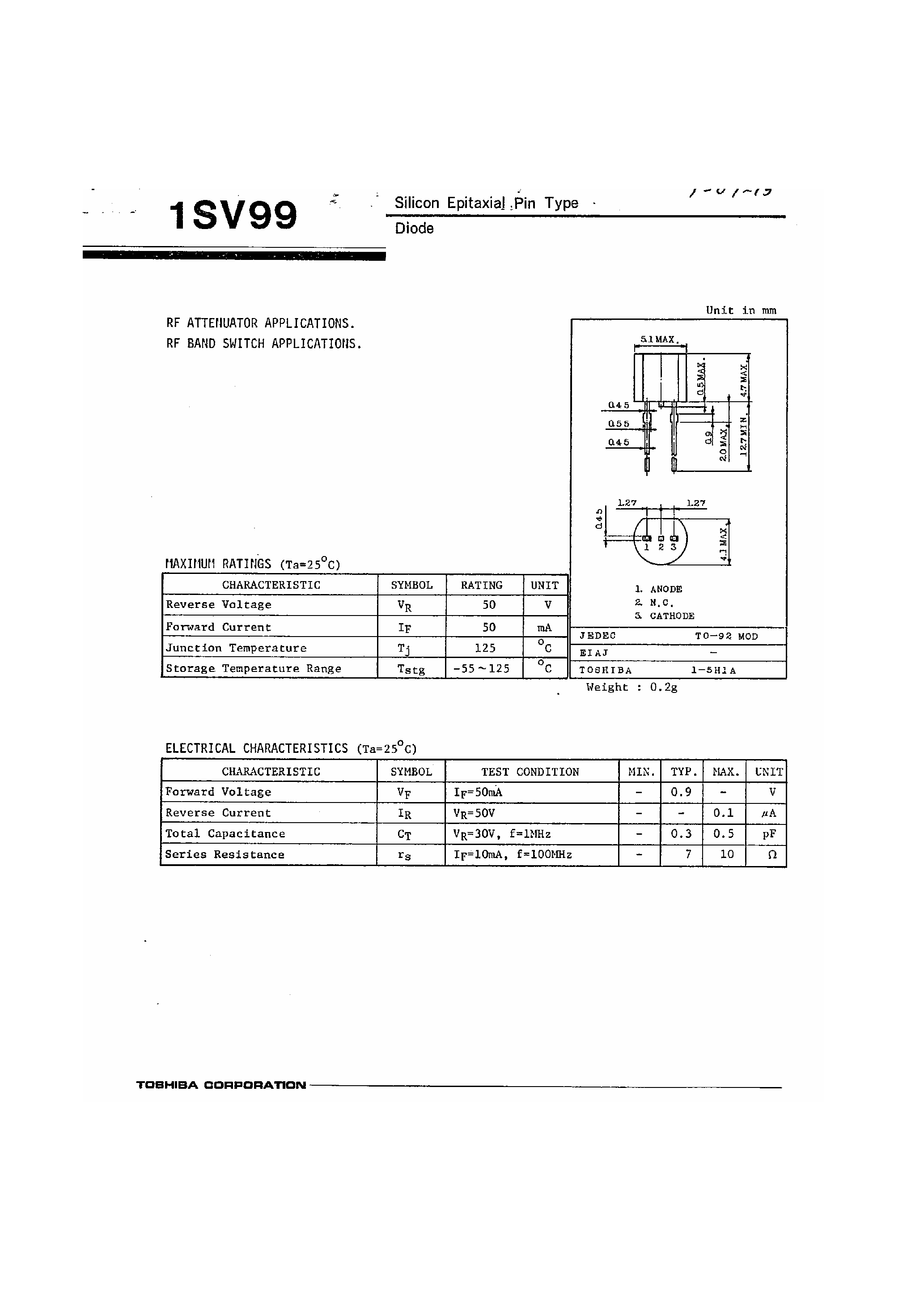 Даташит на микросхему 1SV99 страница 1 Даташит 1SV99 - Silicon Epitaxial Pin Type Diode страница 1