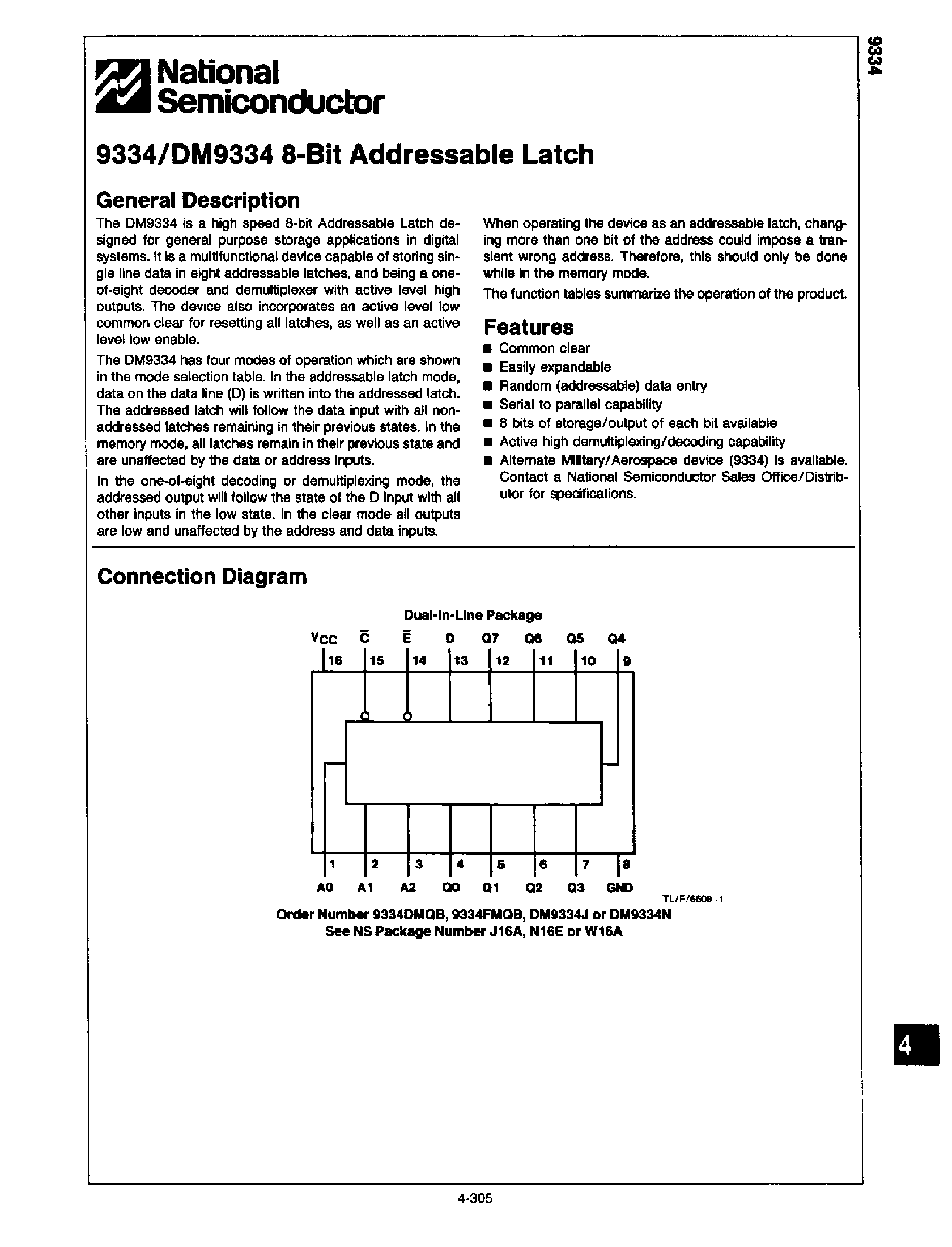 Datasheet DM8334 page 1 Datasheet DM8334 - 8-Bit Addressable Latch page 1