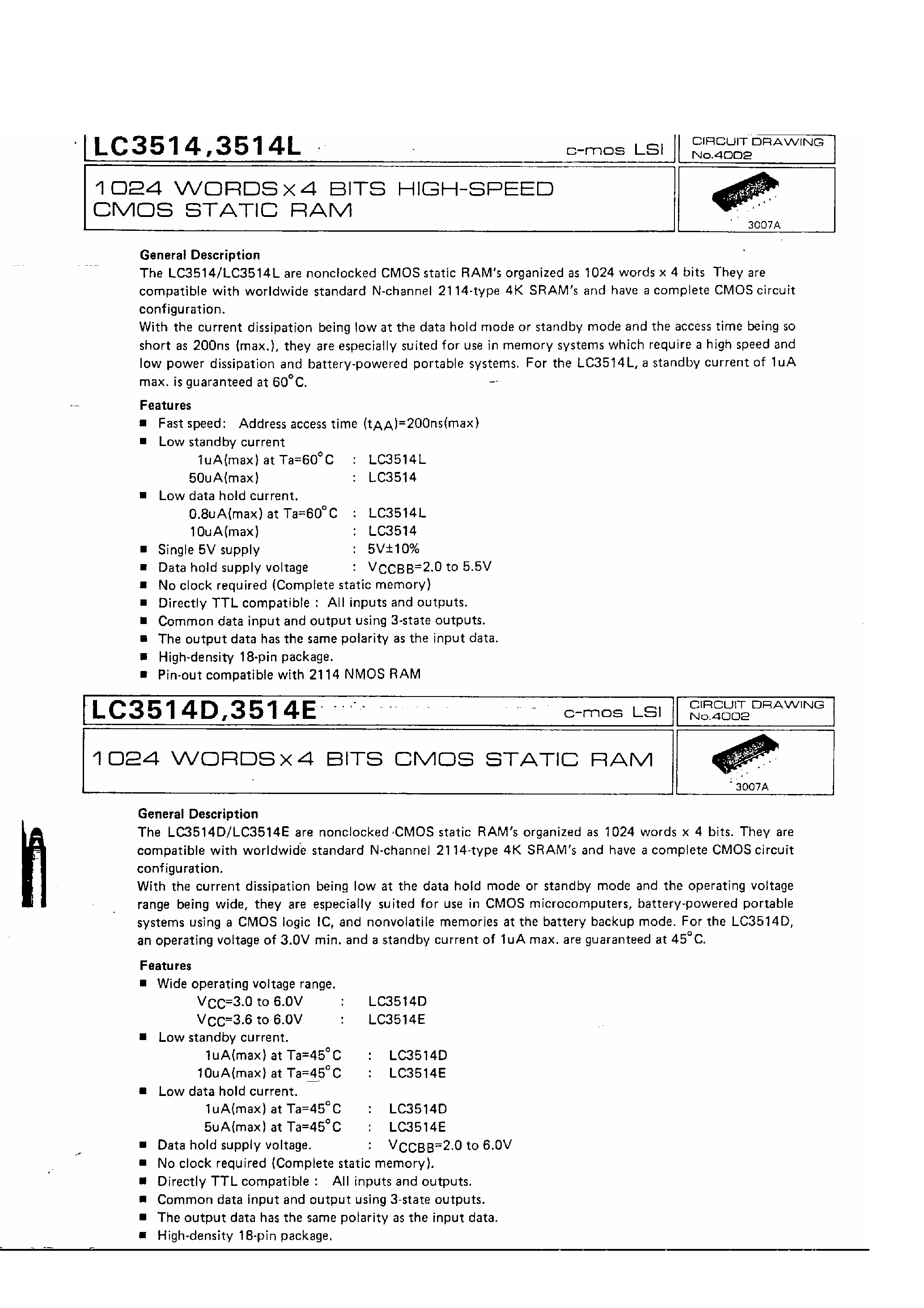 Datasheet LC3514 - 1024 x 4-Bit High Speed CMOS Static RAM page 1