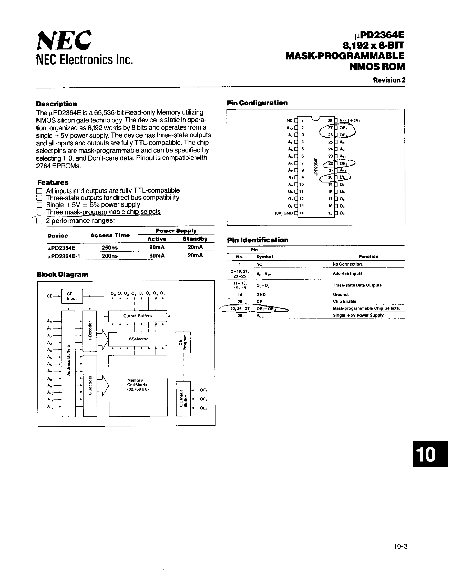 Даташит UPD2364E - 8192 x 8-Bit Mask Programmable NMOS ROM страница 1