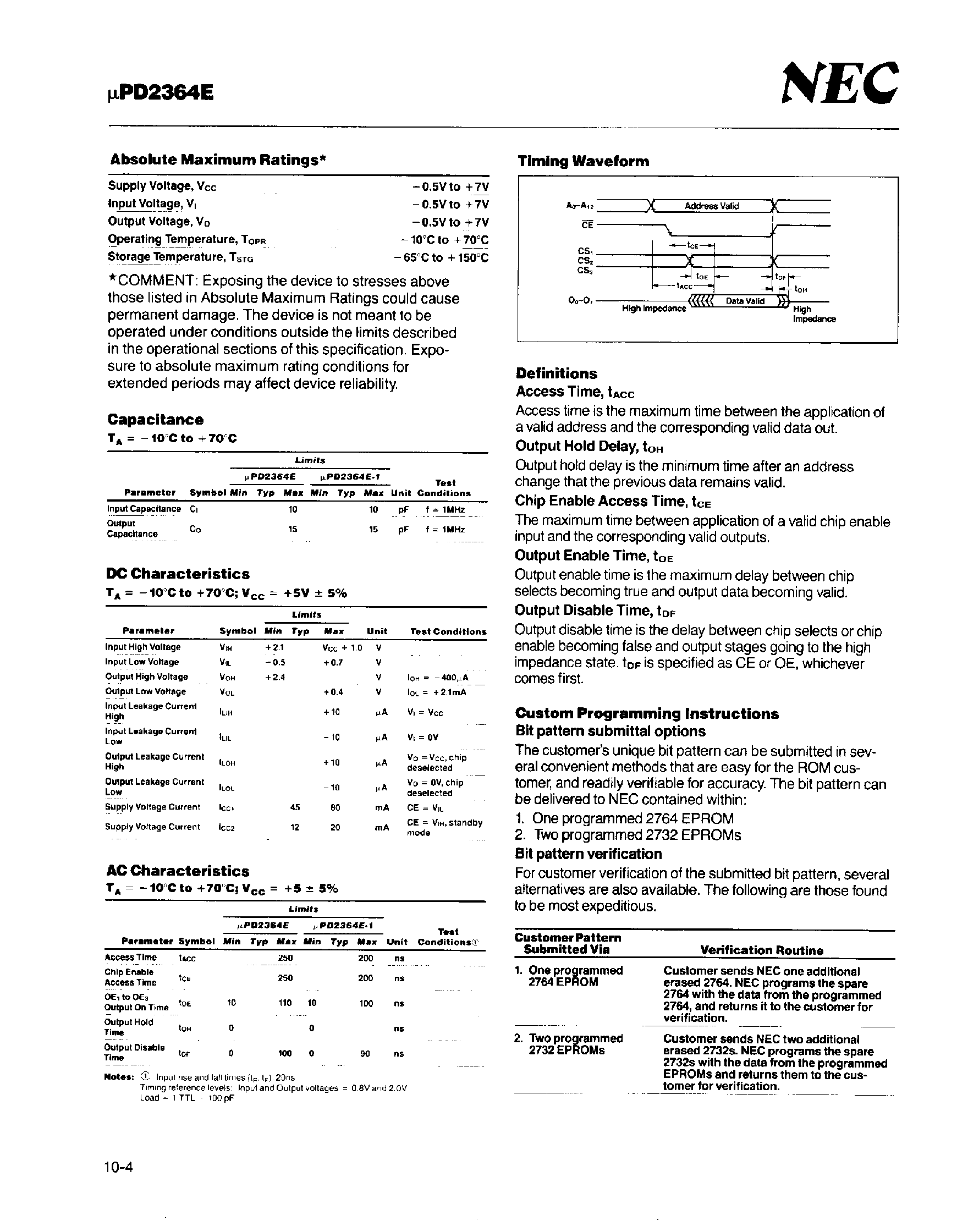 Даташит UPD2364E - 8192 x 8-Bit Mask Programmable NMOS ROM страница 2
