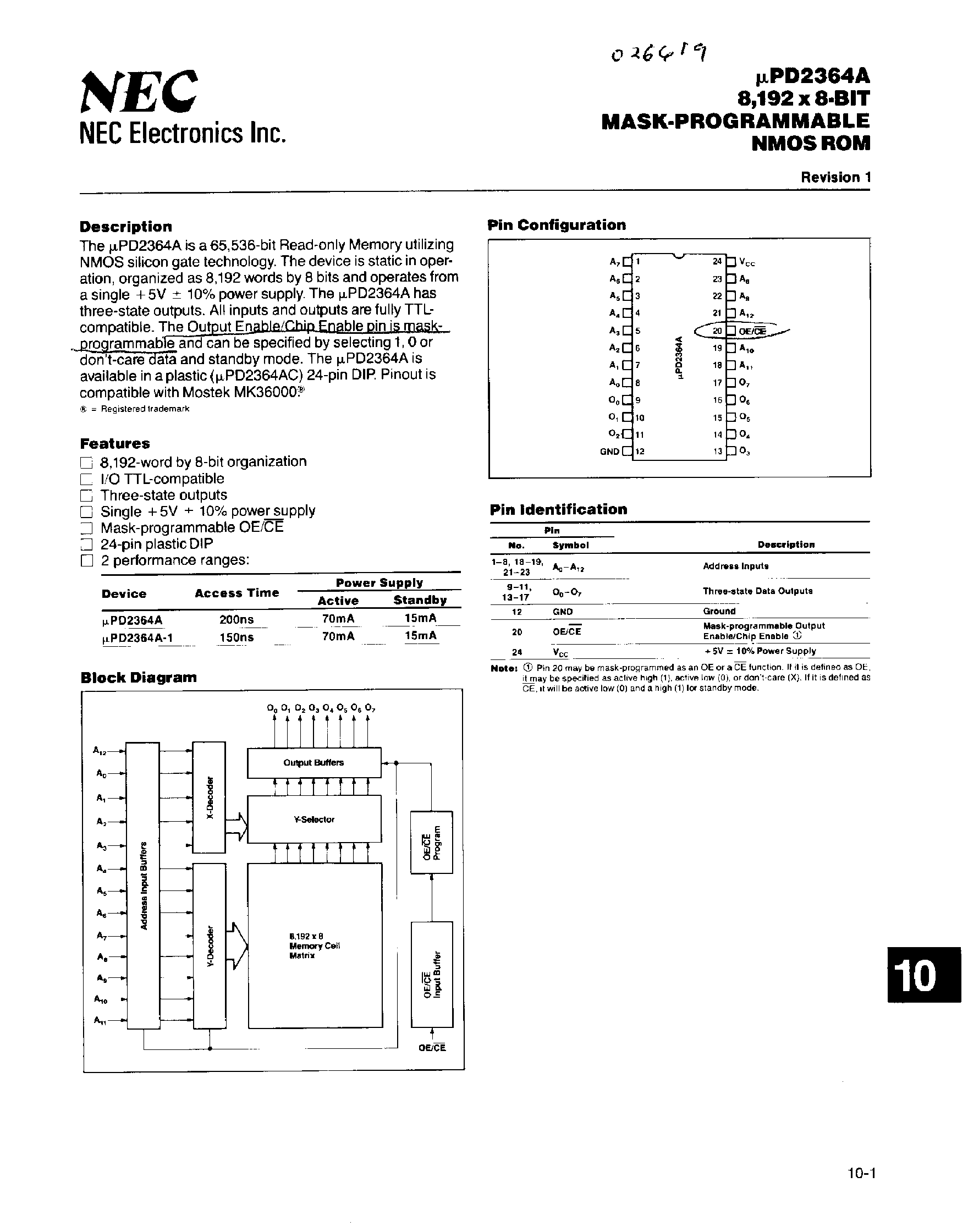 Даташит UPD2364A - 8192 x 8-Bit Mask Programmable NMOS ROM страница 1