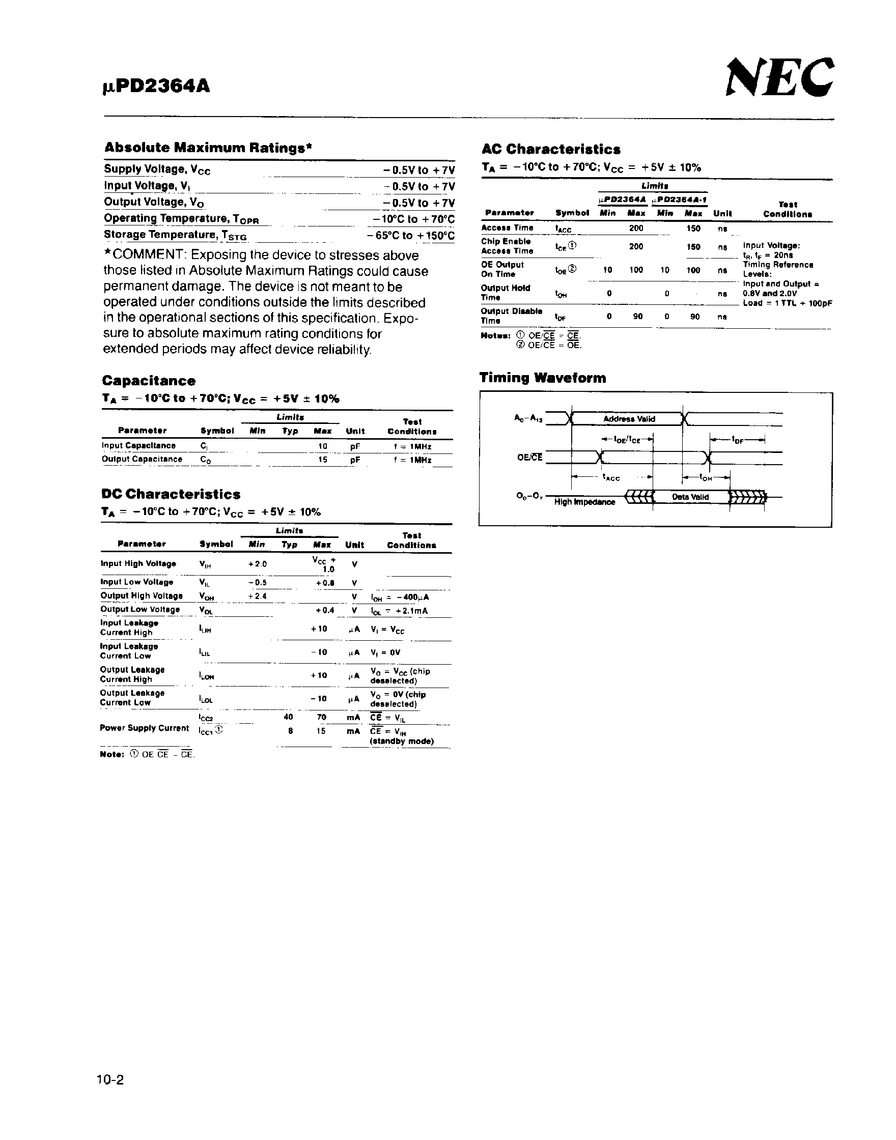 Даташит UPD2364A - 8192 x 8-Bit Mask Programmable NMOS ROM страница 2