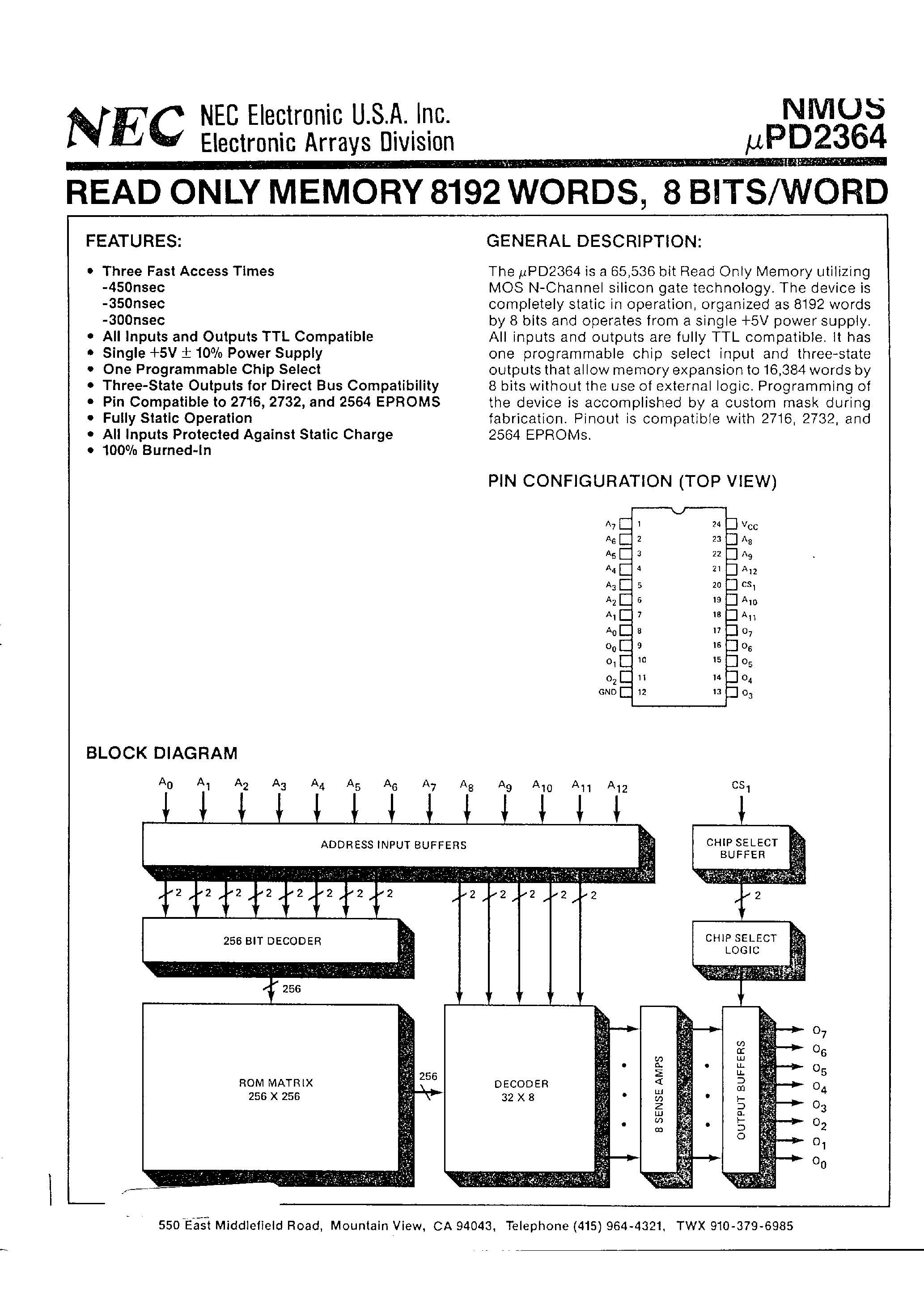 Даташит UPD2364 - ROM 8192 words / 8-Bit страница 1
