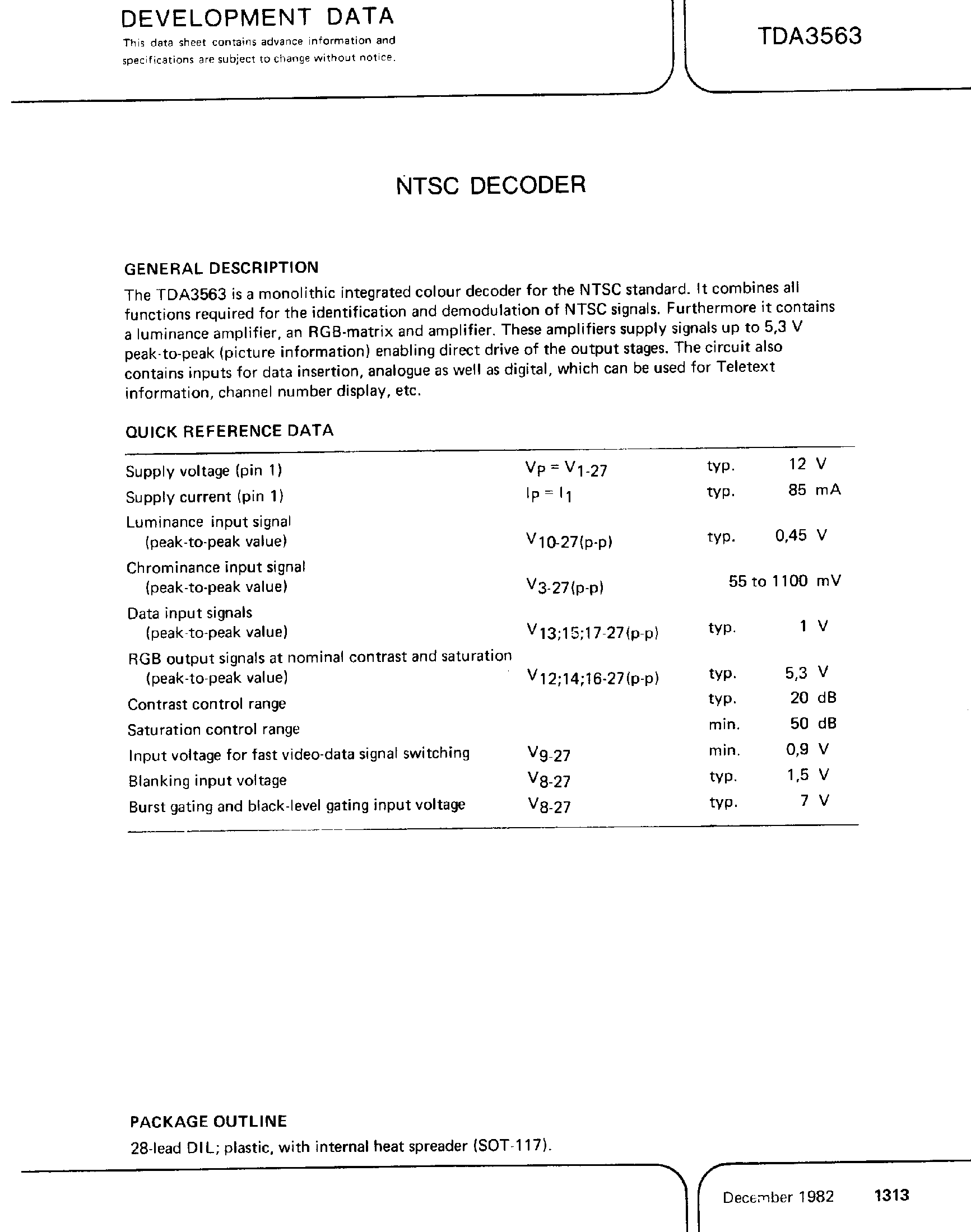 Datasheet TDA3563 page 1 Datasheet TDA3563 - NTSC Decoder page 1