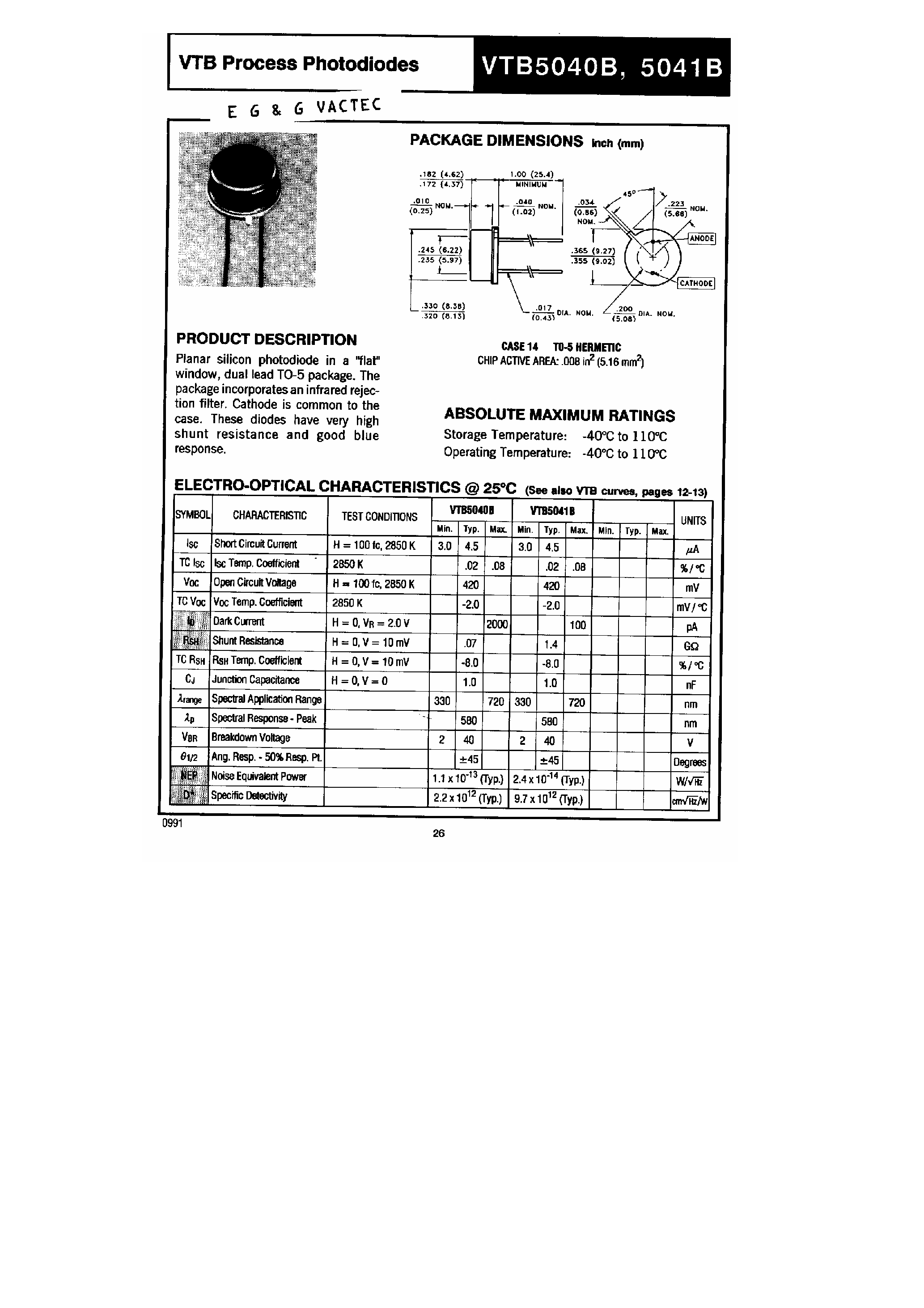 Datasheet VTB5040B - VTB Process Photo Diodes page 1