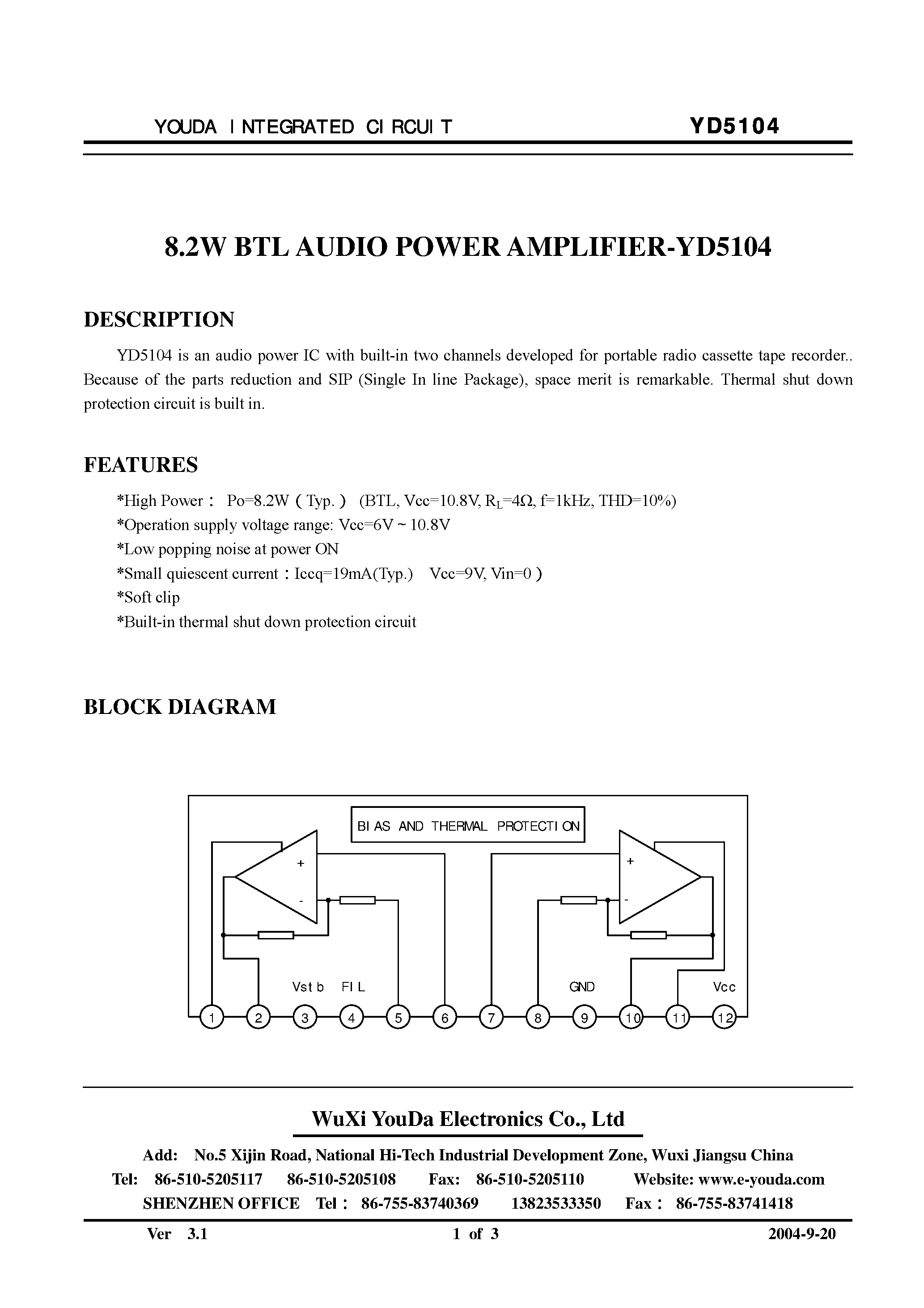 Даташит YD5104 - 8.2W BTL Audio Power Amplifier страница 1