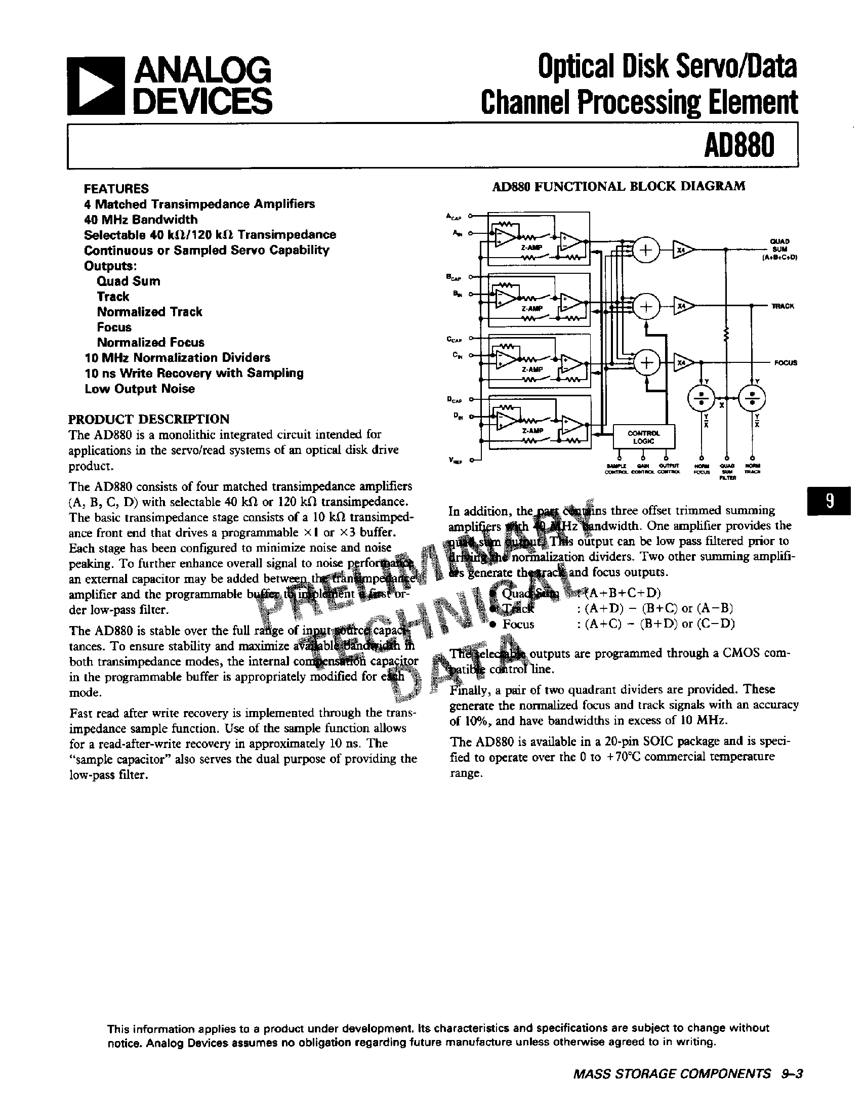 Datasheet AD880JR - Optical Disk Servo / Data Channel Processing Element page 1