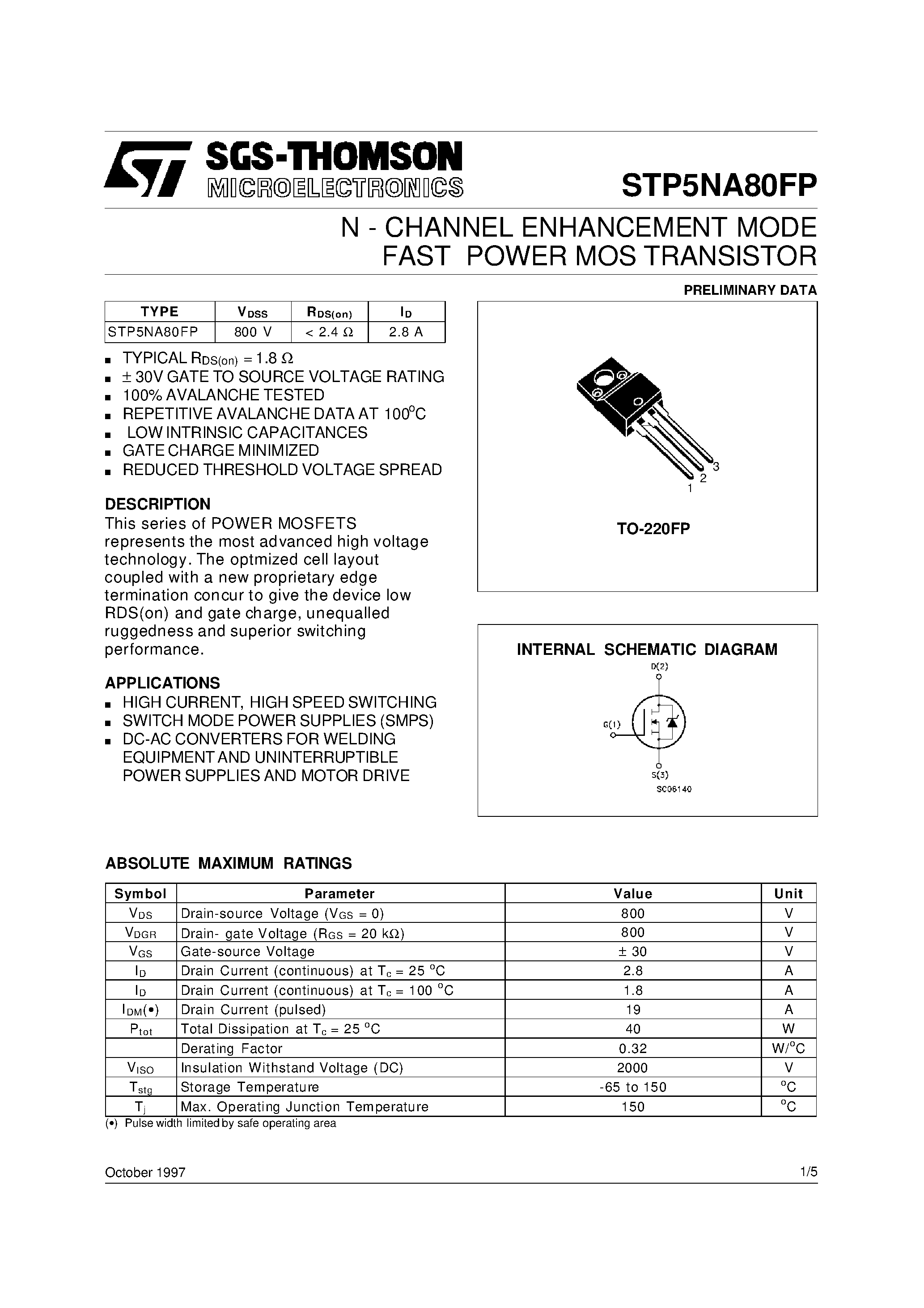 Datasheet STP5NA80FP - N - CHANNEL ENHANCEMENT MODE FAST POWER MOS TRANSISTOR page 1