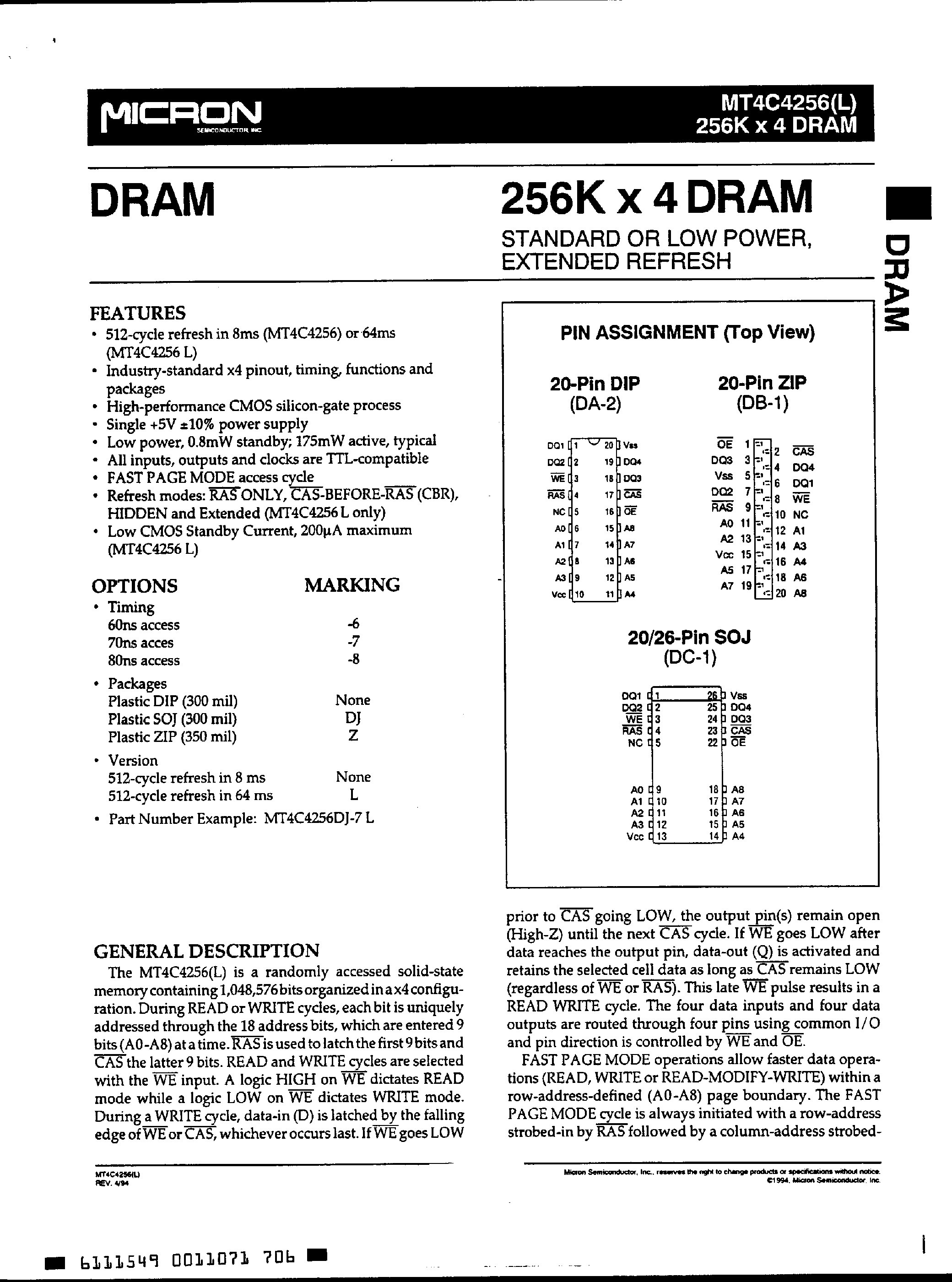 Datasheet MT4C4256 page 1 Datasheet MT4C4256 - 256K x 4 DRAM page 1