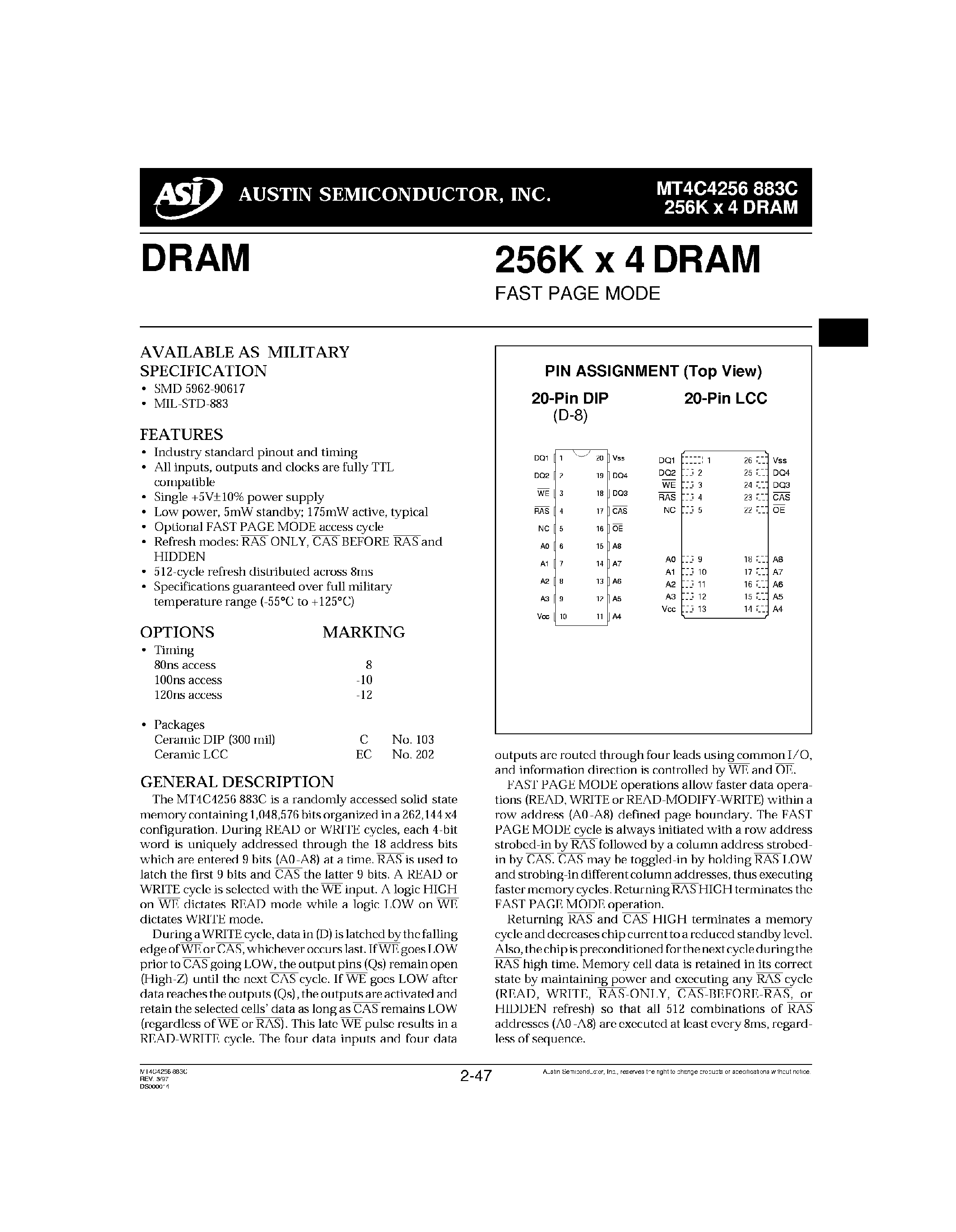 Datasheet MT4C4256 - 256K x 4 DRAM page 1