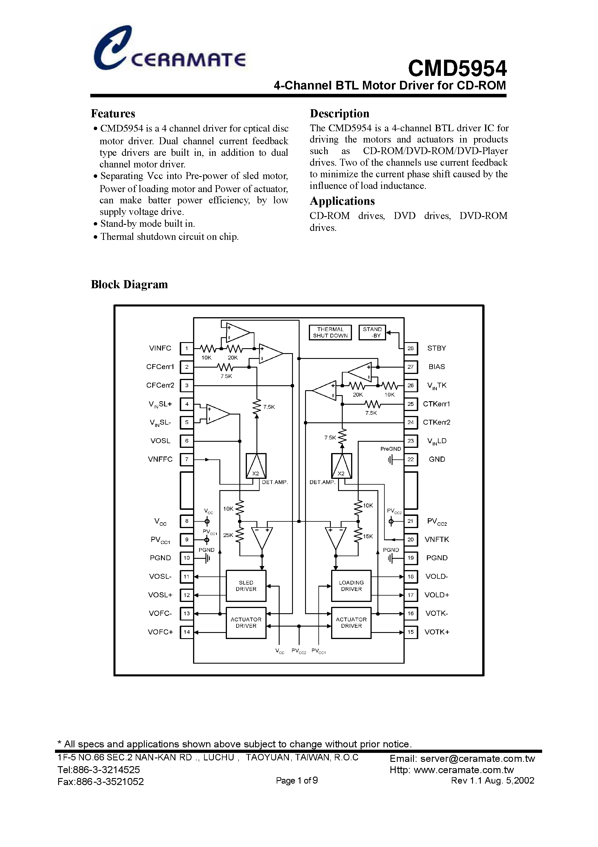Datasheet CMD5954 - 4-Channel BTL Motor Driver for CD-ROM page 1