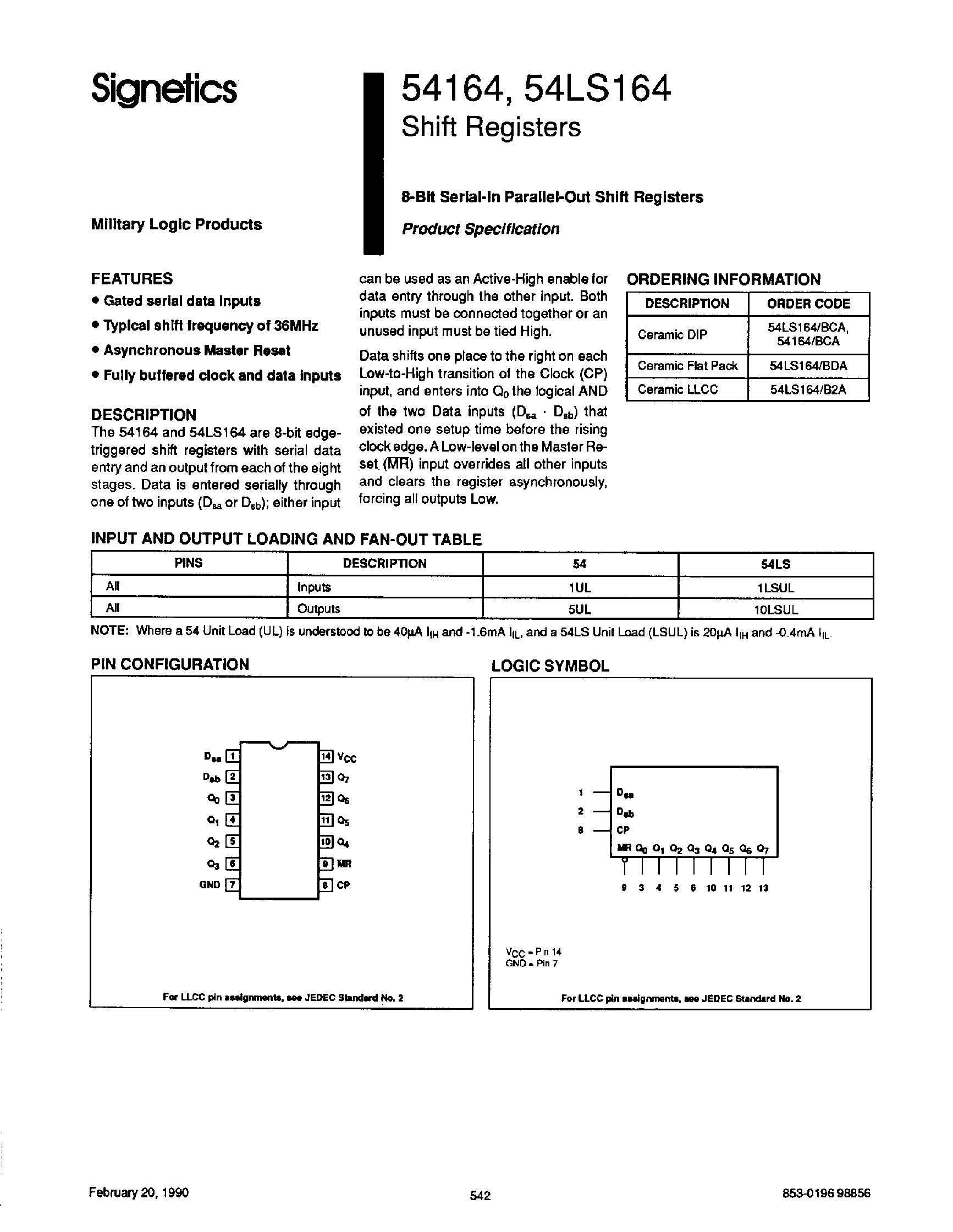 Datasheet 54LS164 - 8-Bit Parallel-Out Serial Shift Registers page 1
