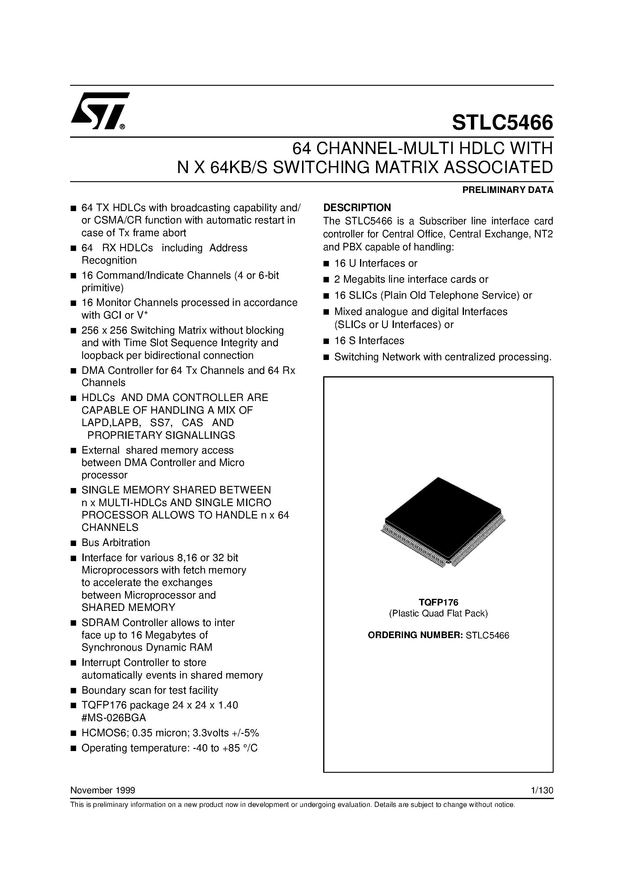 Datasheet STLC5466 - 64 CHANNEL-MULTI HDLC WITH N X 64KB/S SWITCHING MATRIX ASSOCIATED page 1
