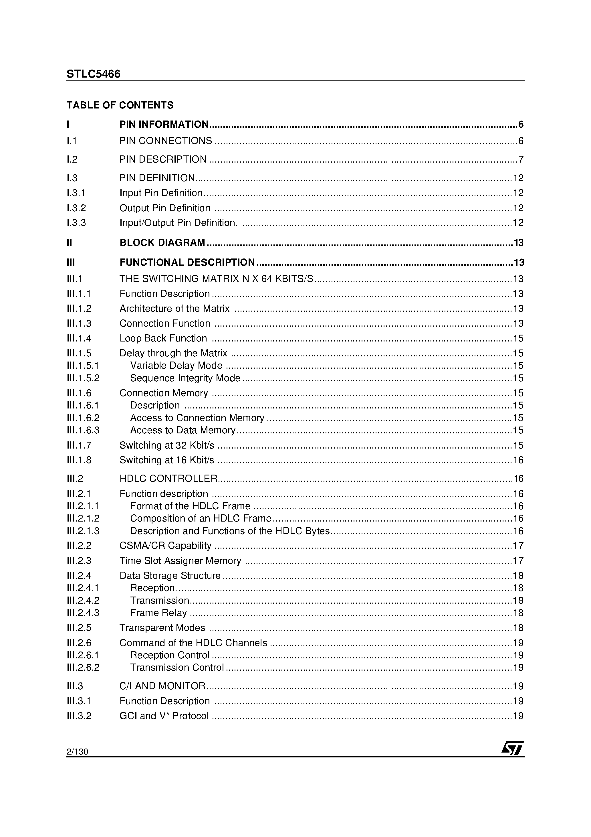 Datasheet STLC5466 - 64 CHANNEL-MULTI HDLC WITH N X 64KB/S SWITCHING MATRIX ASSOCIATED page 2