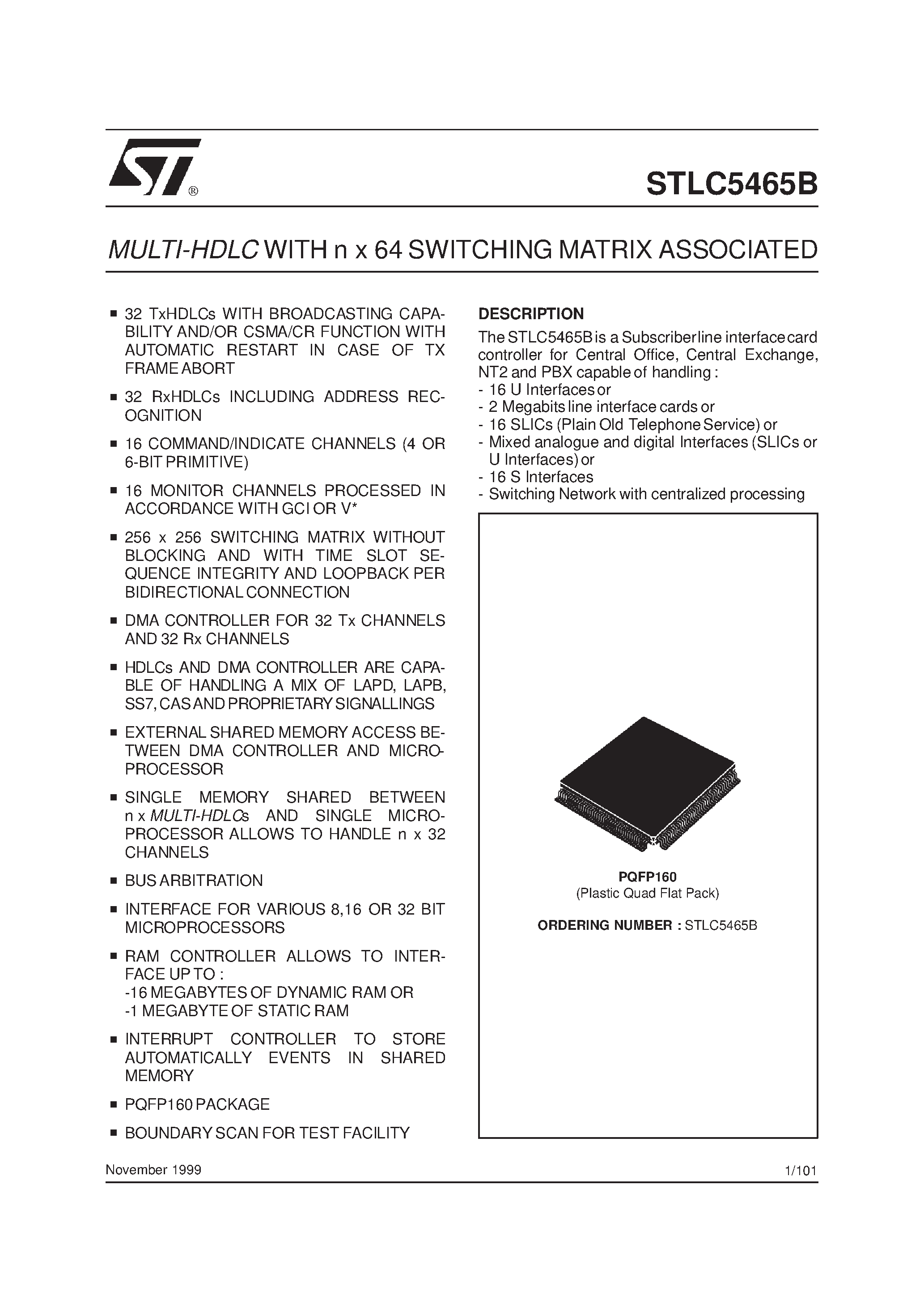 Datasheet STLC5465B - MULTI-HDLCWITH n x 64 SWITCHING MATRIX ASSOCIATED page 1