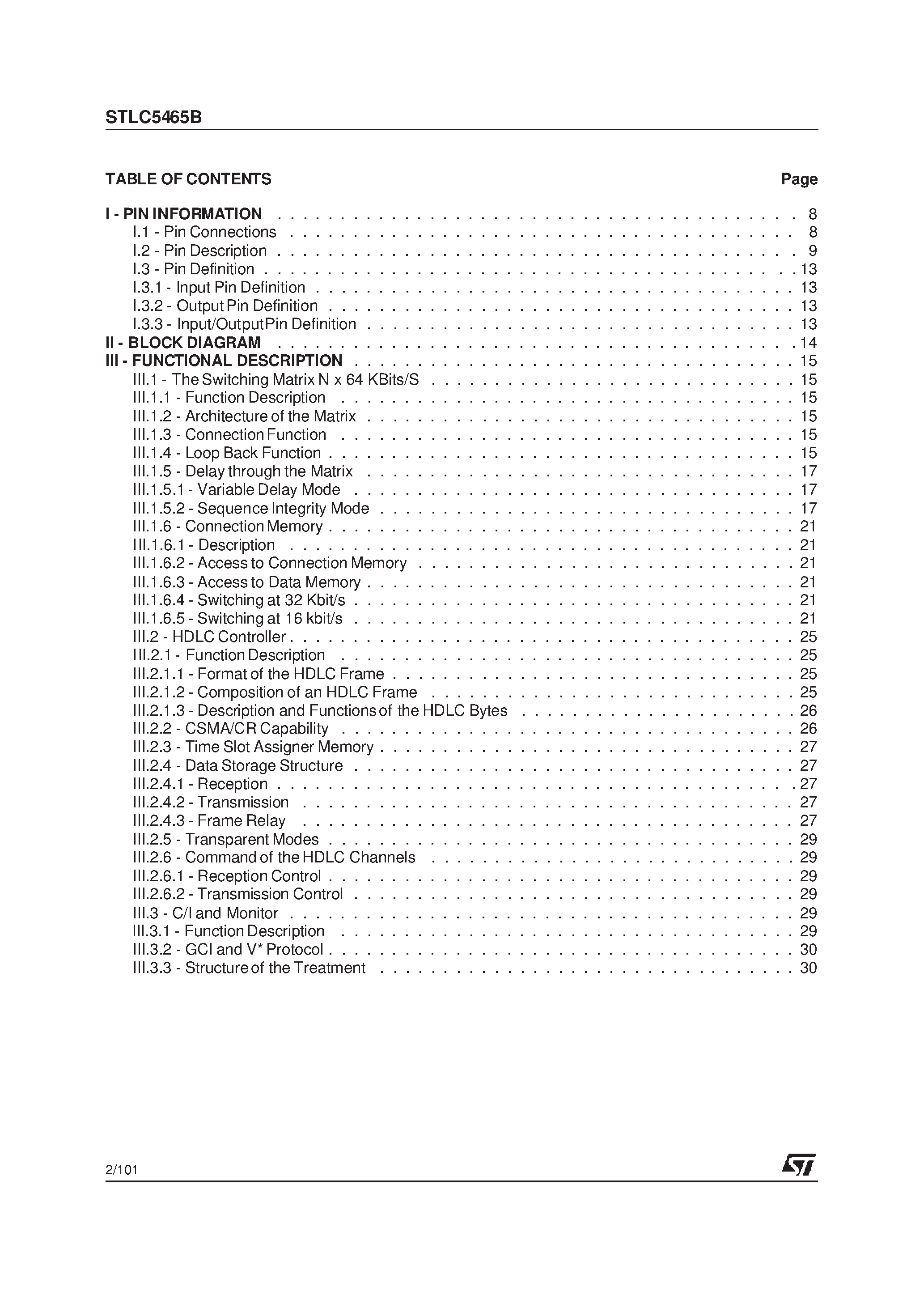 Datasheet STLC5465B - MULTI-HDLCWITH n x 64 SWITCHING MATRIX ASSOCIATED page 2