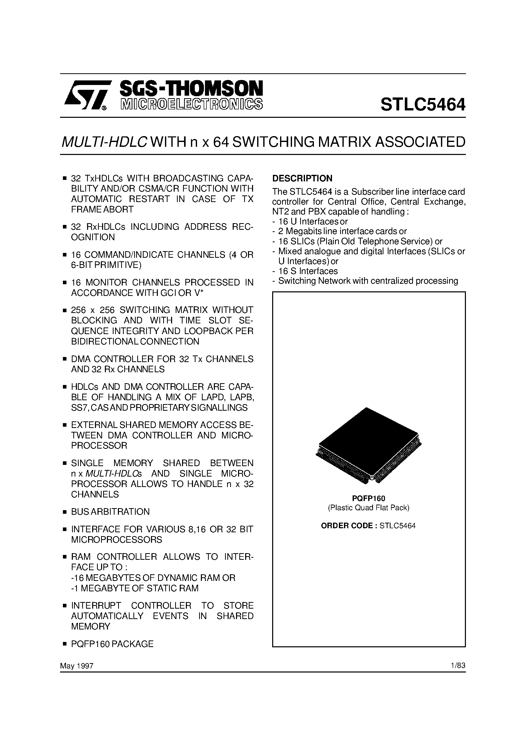 Datasheet STLC5464 - MULTI-HDLCWITH n x 64 SWITCHING MATRIX ASSOCIATED page 1