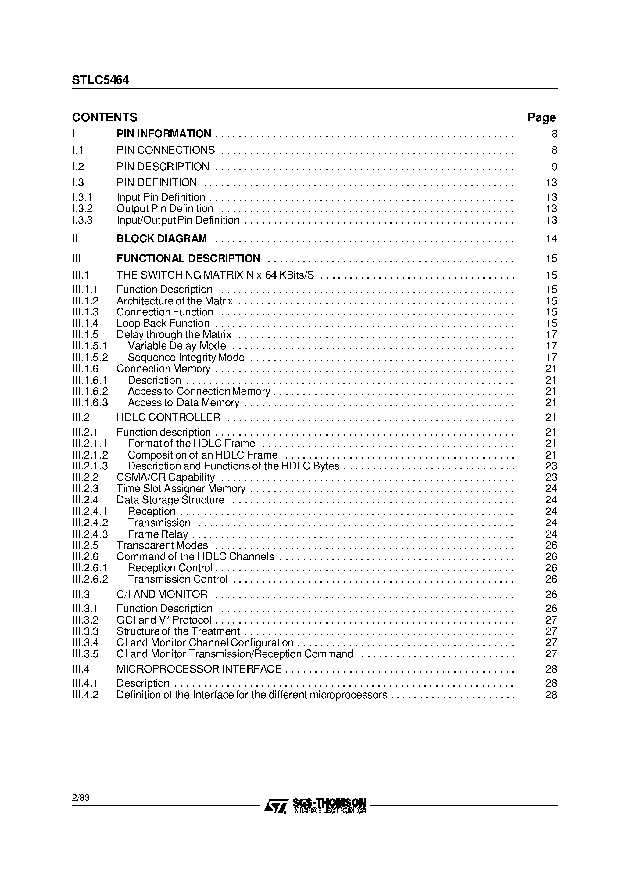 Datasheet STLC5464 - MULTI-HDLCWITH n x 64 SWITCHING MATRIX ASSOCIATED page 2