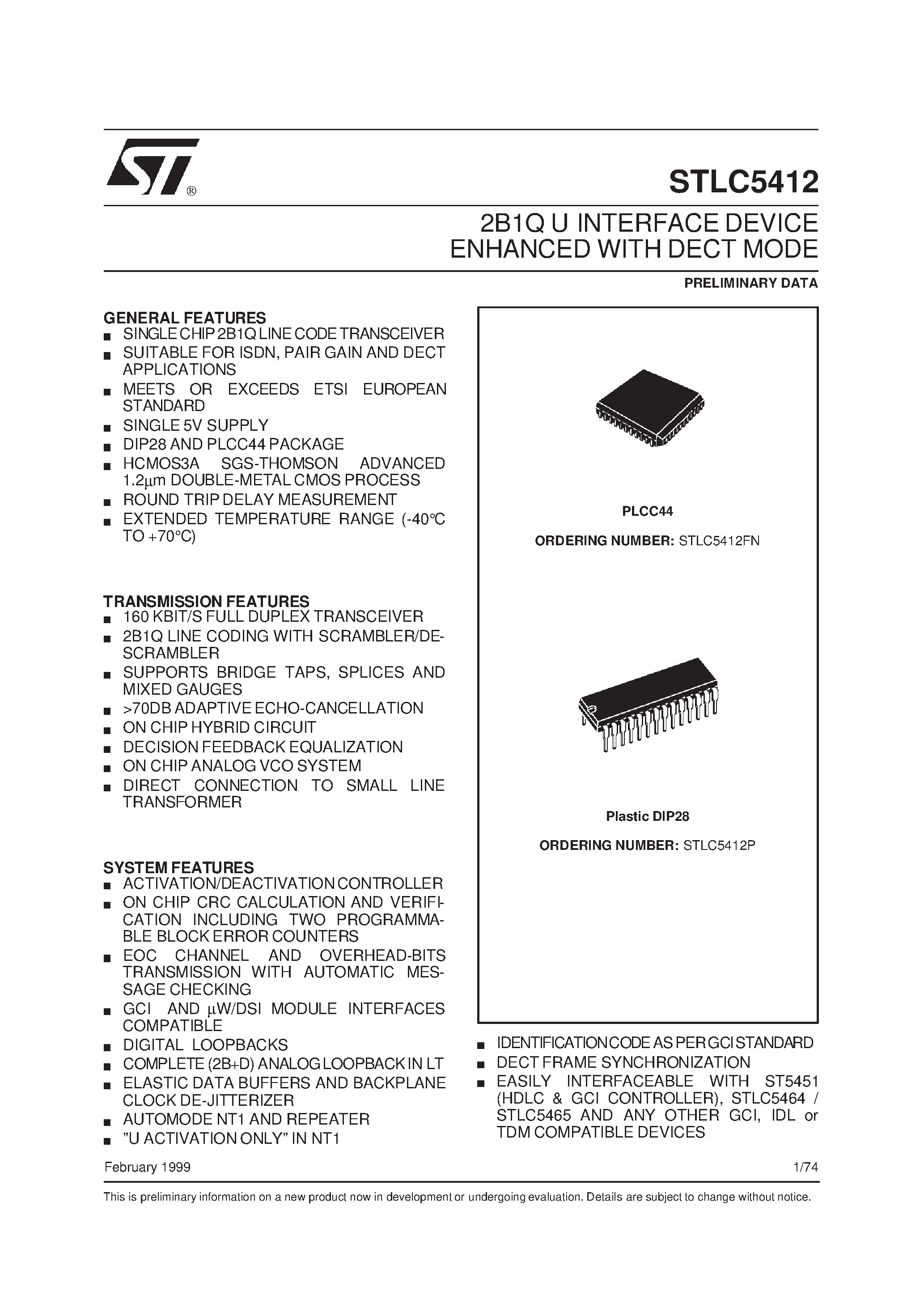 Даташит на микросхему STLC5412 страница 1 Даташит STLC5412 - 2B1Q U INTERFACE DEVICE ENHANCED WITH DECT MODE страница 1