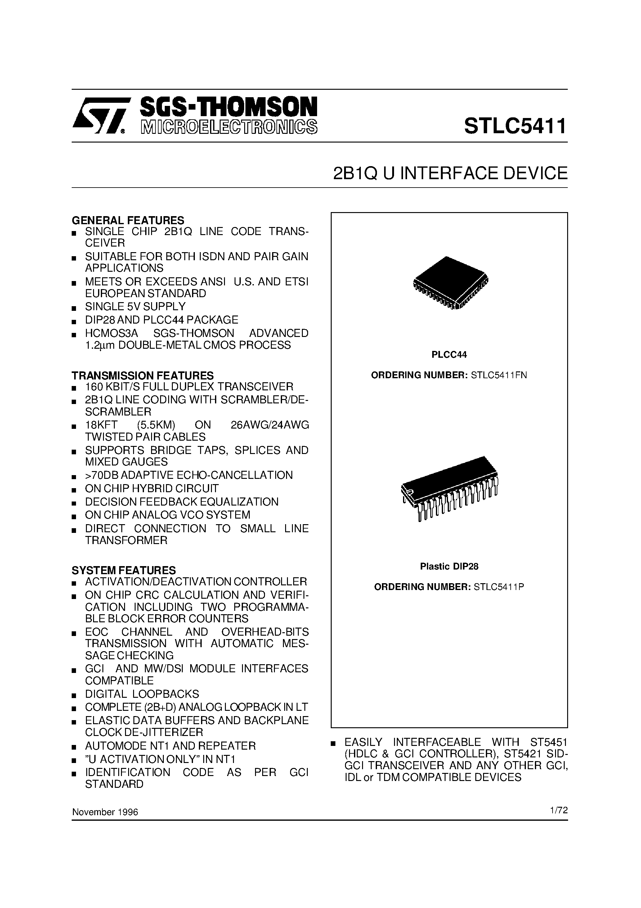Даташит на микросхему STLC5411 страница 1 Даташит STLC5411 - 2B1Q U INTERFACE DEVICE страница 1