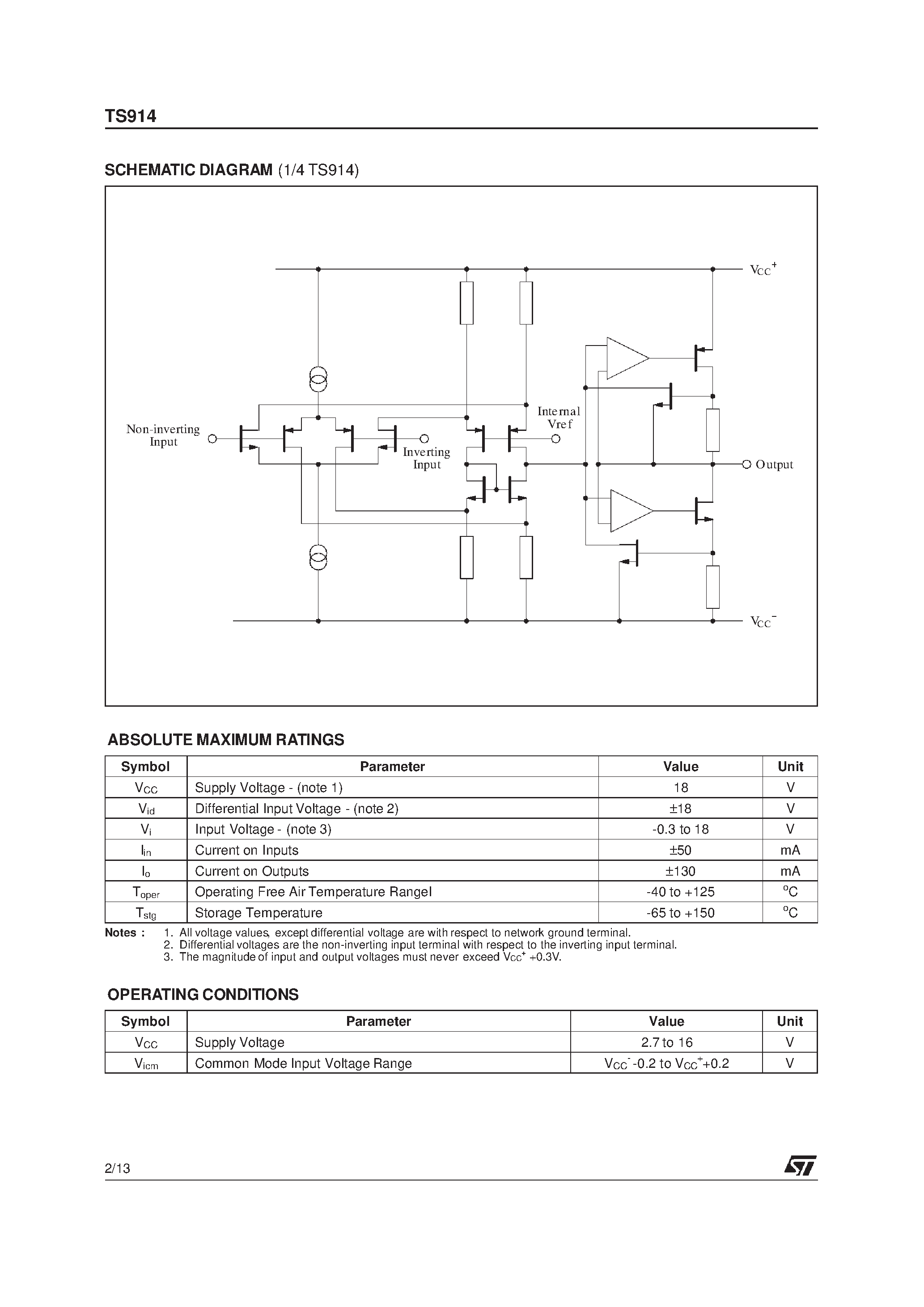 Datasheet TS914 page 2 Datasheet TS914 - RAIL TO RAIL CMOS QUAD OPERATIONAL AMPLIFIER page 2