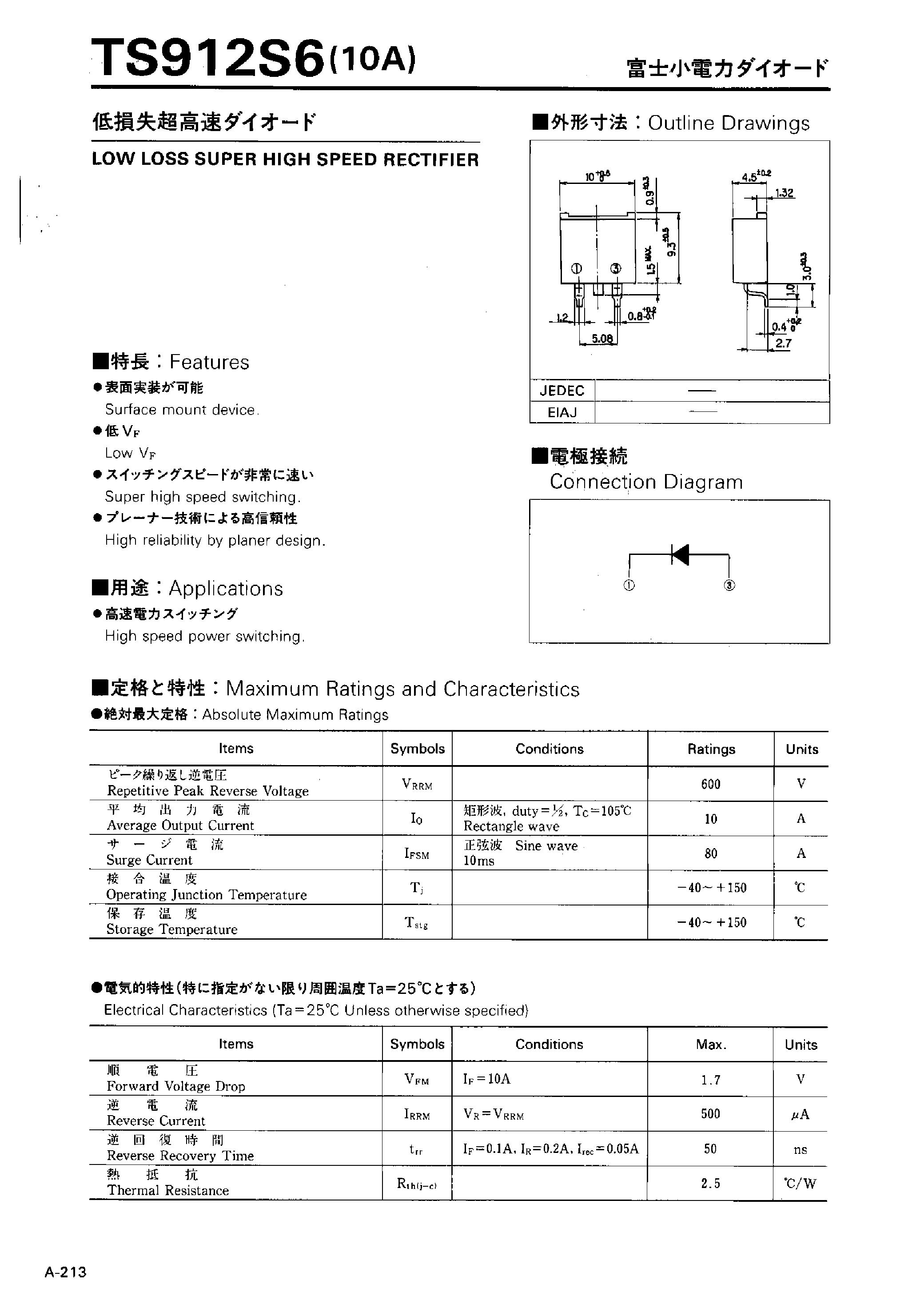 Datasheet TS912S6 page 1 Datasheet TS912S6 - LOW LOSS SUPER HIGH SPEED RECTIFIER page 1