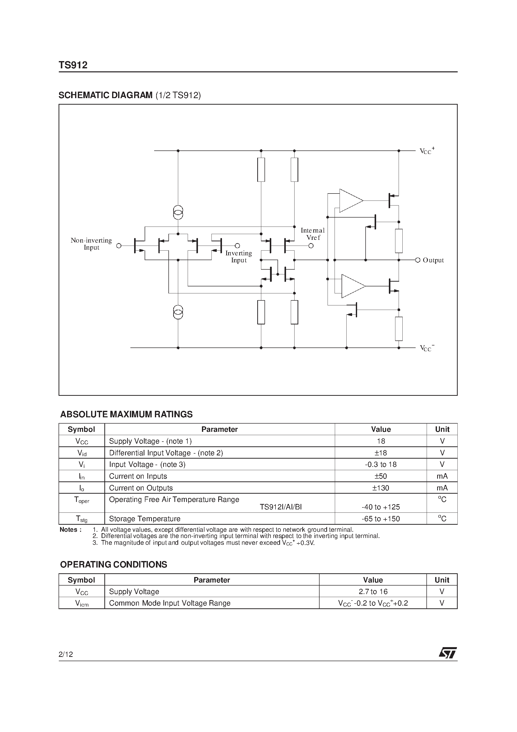 Datasheet TS912 page 2 Datasheet TS912 - RAIL TO RAIL CMOS DUAL OPERATIONAL AMPLIFIER page 2