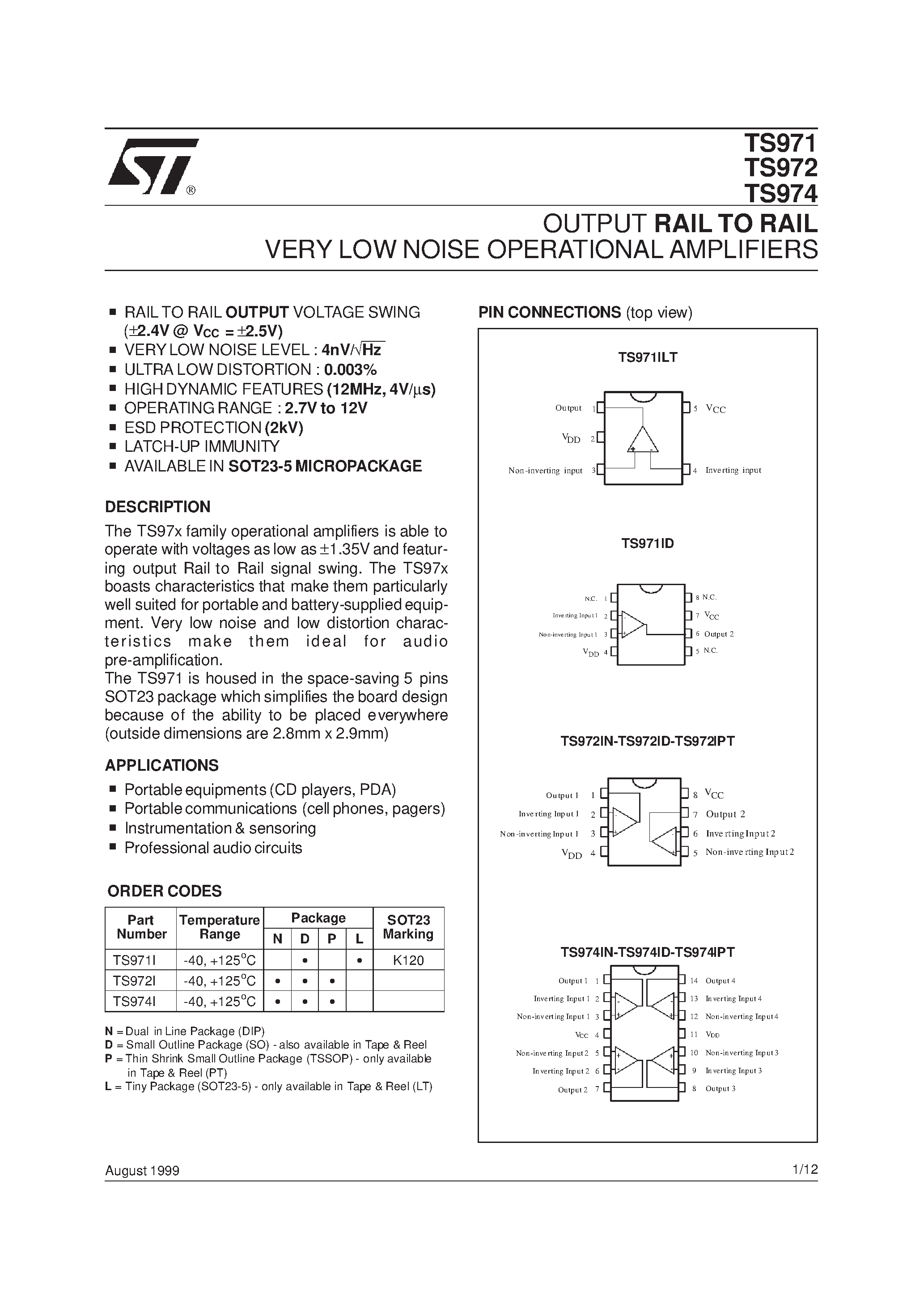 Datasheet TS971 page 1 Datasheet TS971 - (TS972 / TS974) OUTPUT RAIL TO RAIL VERY LOWNOISE OPERATIONAL AMPLIFIERS page 1