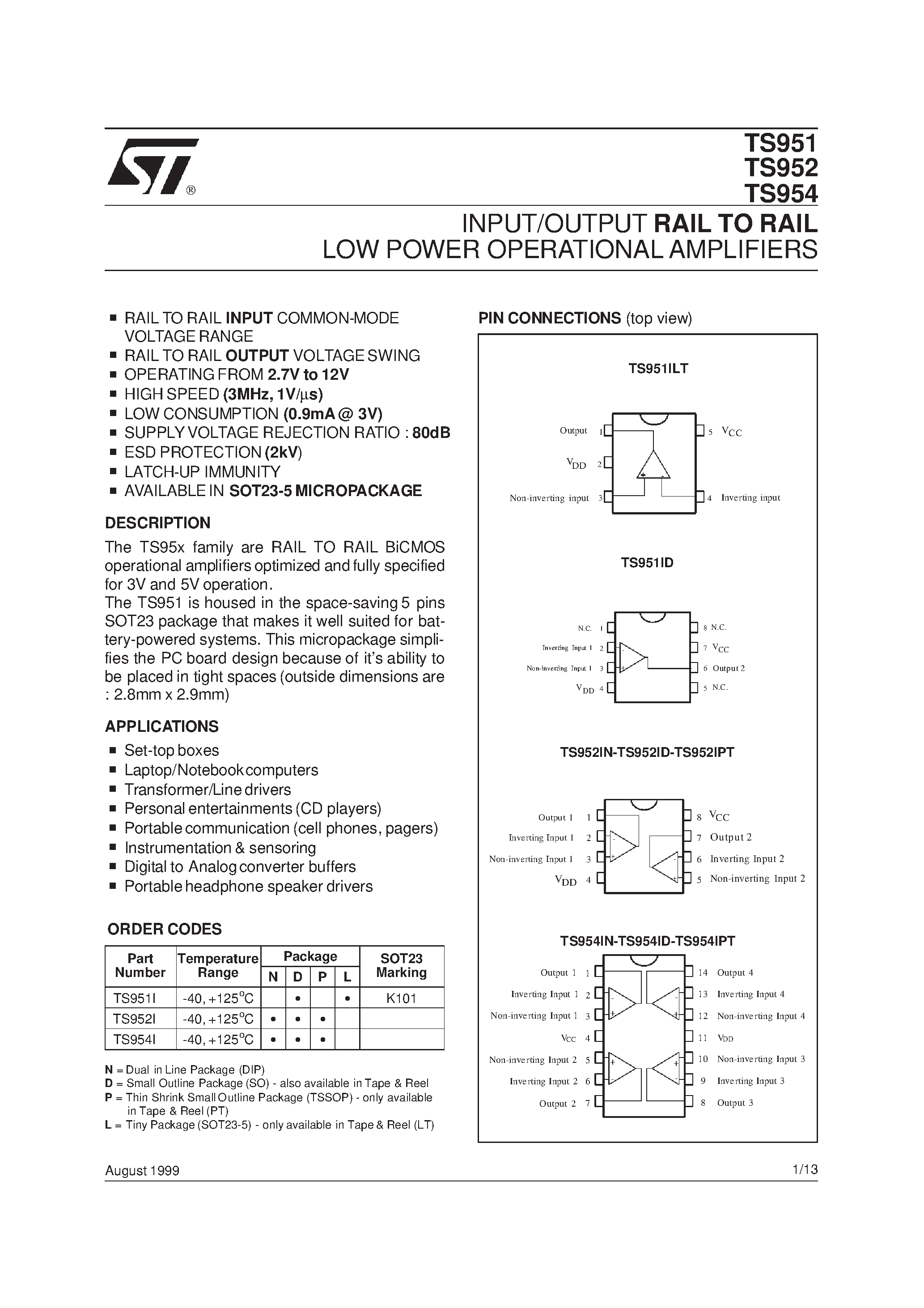 Datasheet TS951 page 1 Datasheet TS951 - (TS952 / TS954) INPUT/OUTPUT RAIL TO RAIL LOW POWER OPERATIONAL AMPLIFIERS page 1