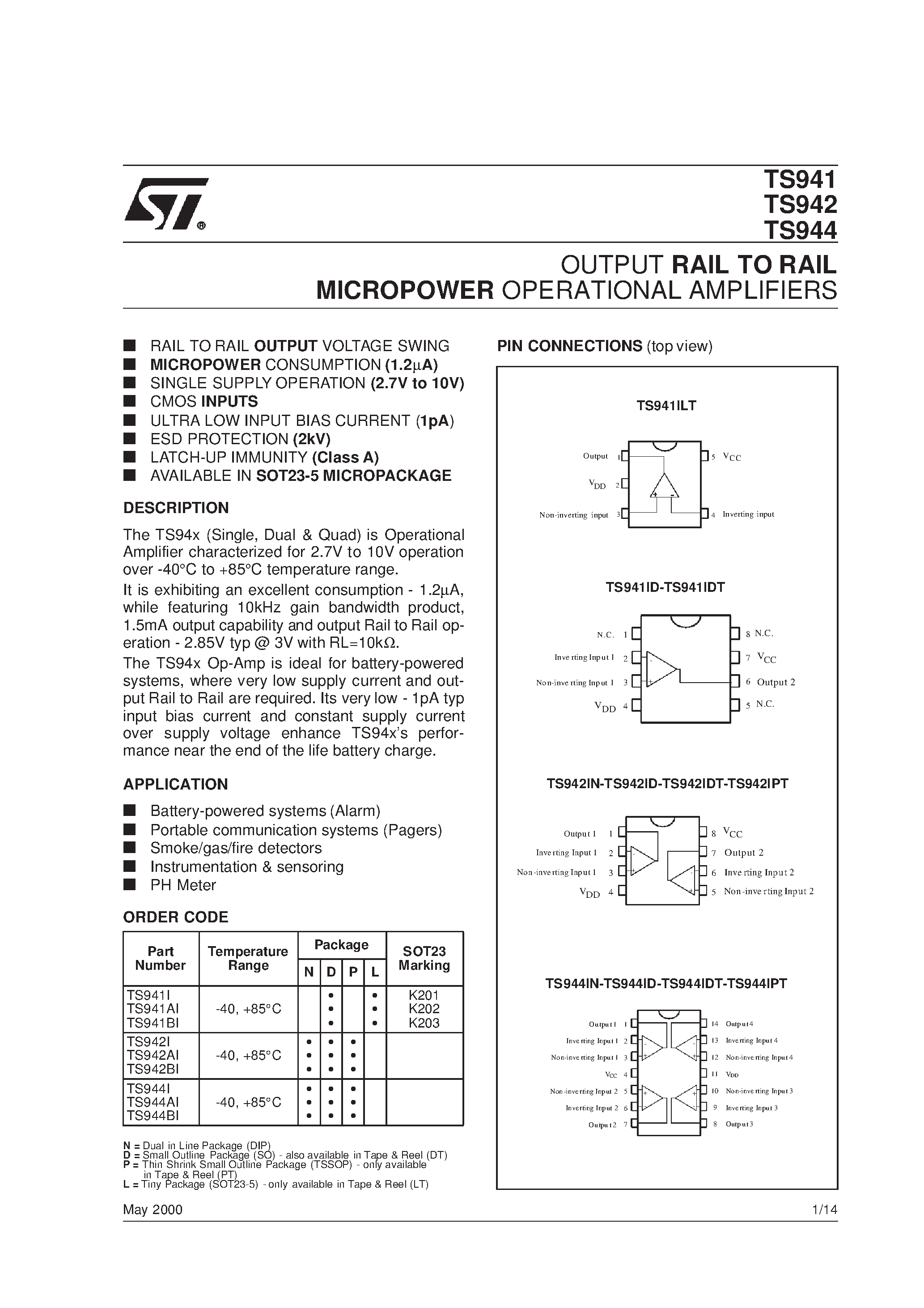 Даташит TS941 - (TS942 / TS944) OUTPUT RAIL TO RAIL MICROPOWER OPERATIONAL AMPLIFIERS страница 1