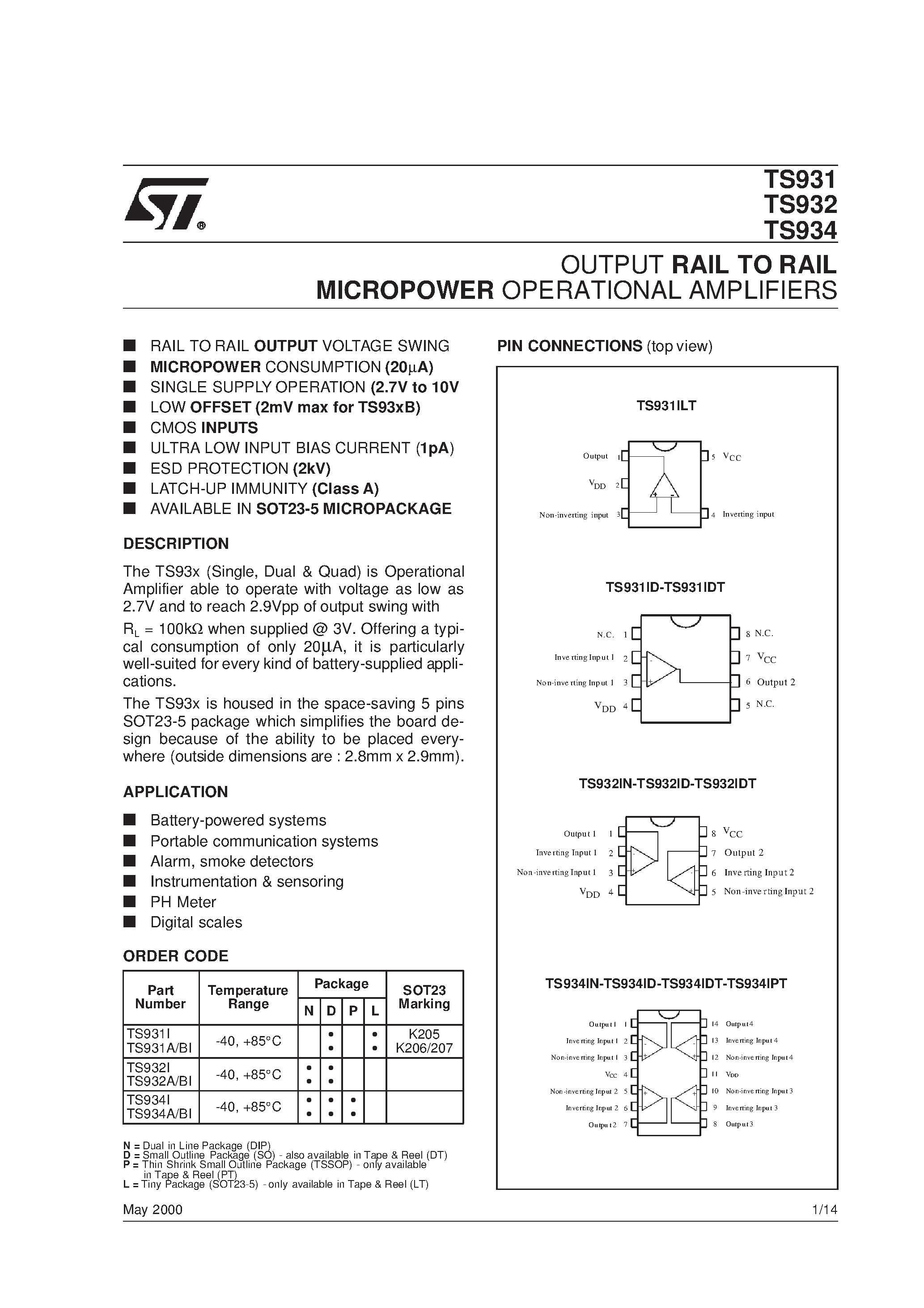 Даташит TS931 - (TS932 / TS934) OUTPUT RAIL TO RAIL MICROPOWER OPERATIONAL AMPLIFIERS страница 1