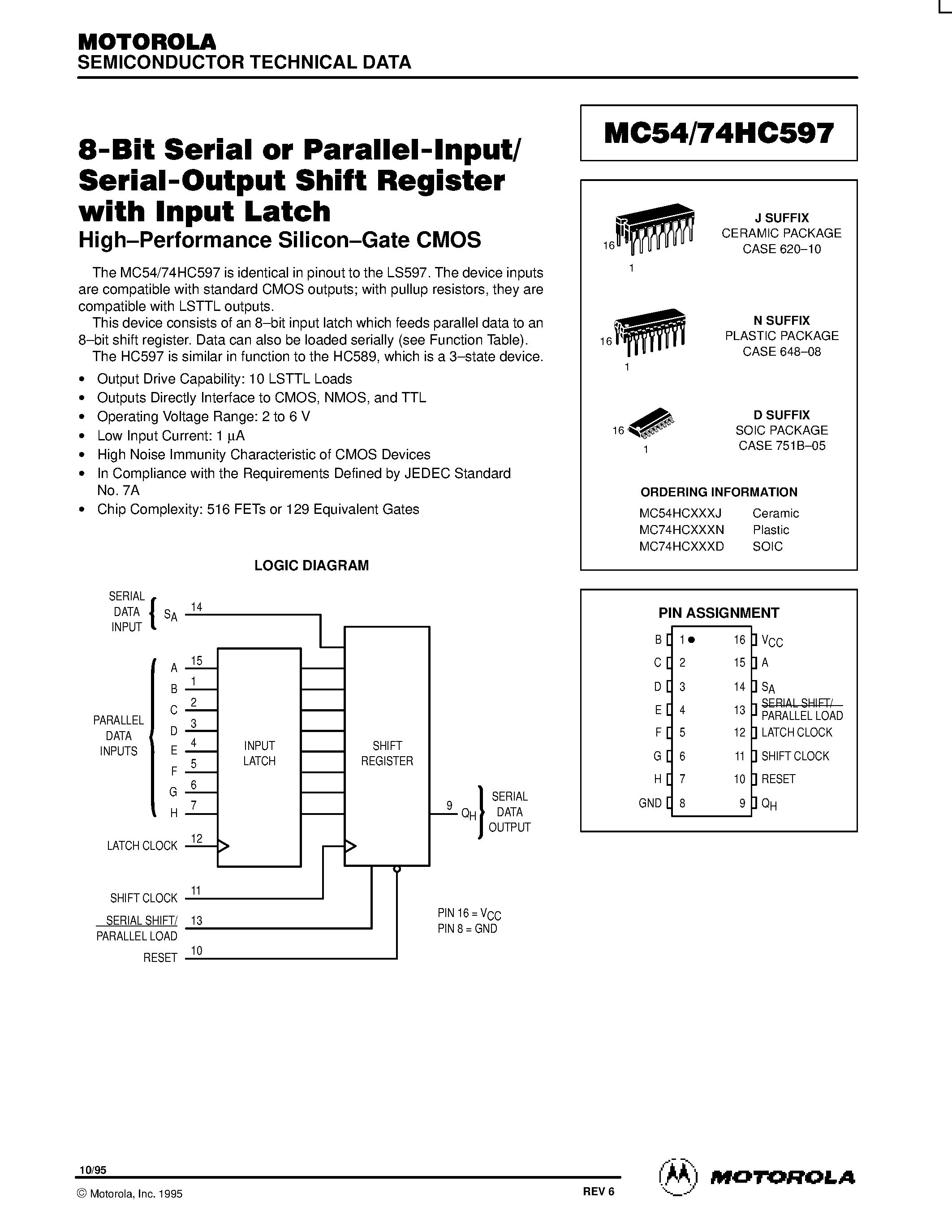 Даташит MC74HC597 - 8-Bit Serial or Parallel-Input/Serial-Output Shift Register with Input Latch страница 1