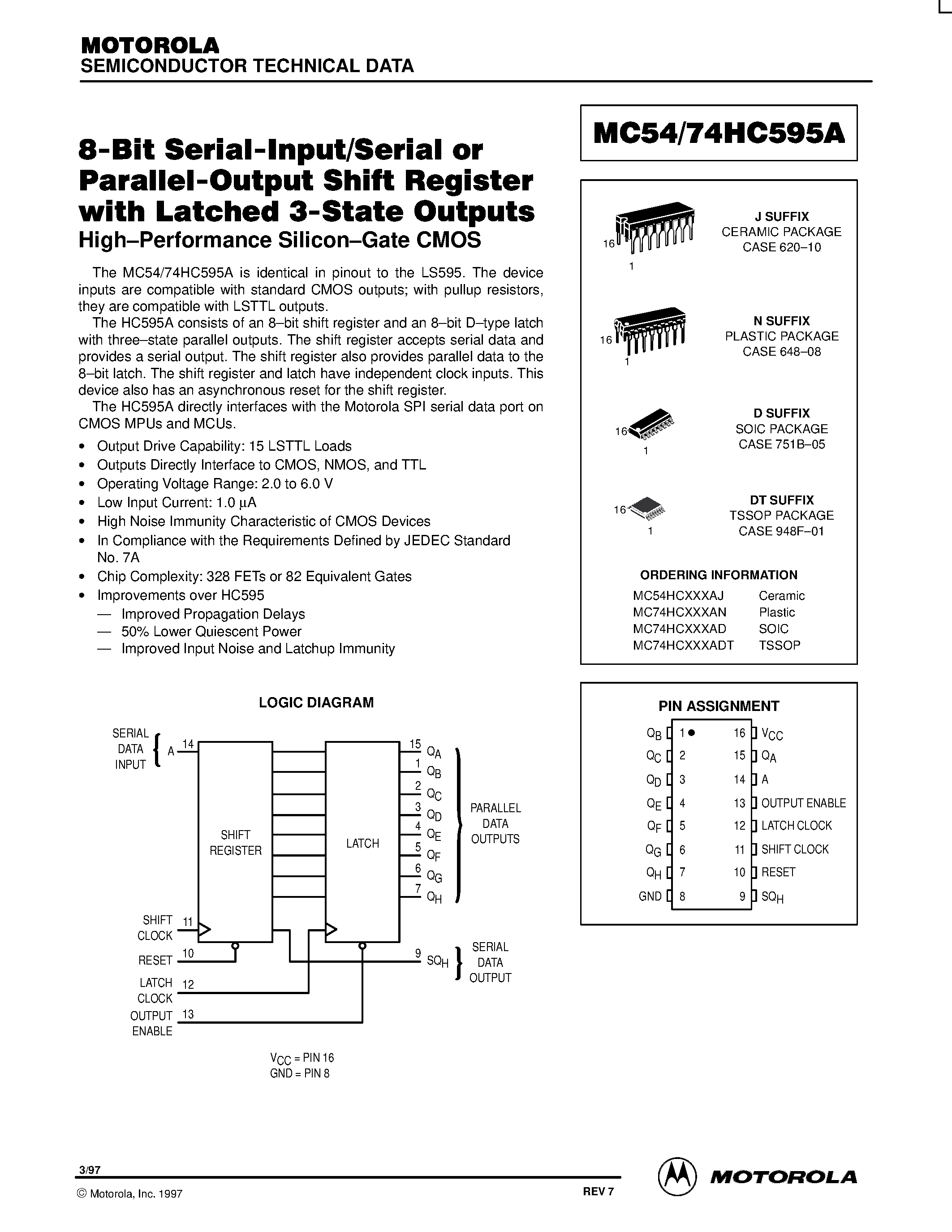 Даташит MC74HC595A - 8-Bit Serial-Input/Serial or Parallel-Output Shift Register with 3-State Outputs страница 1