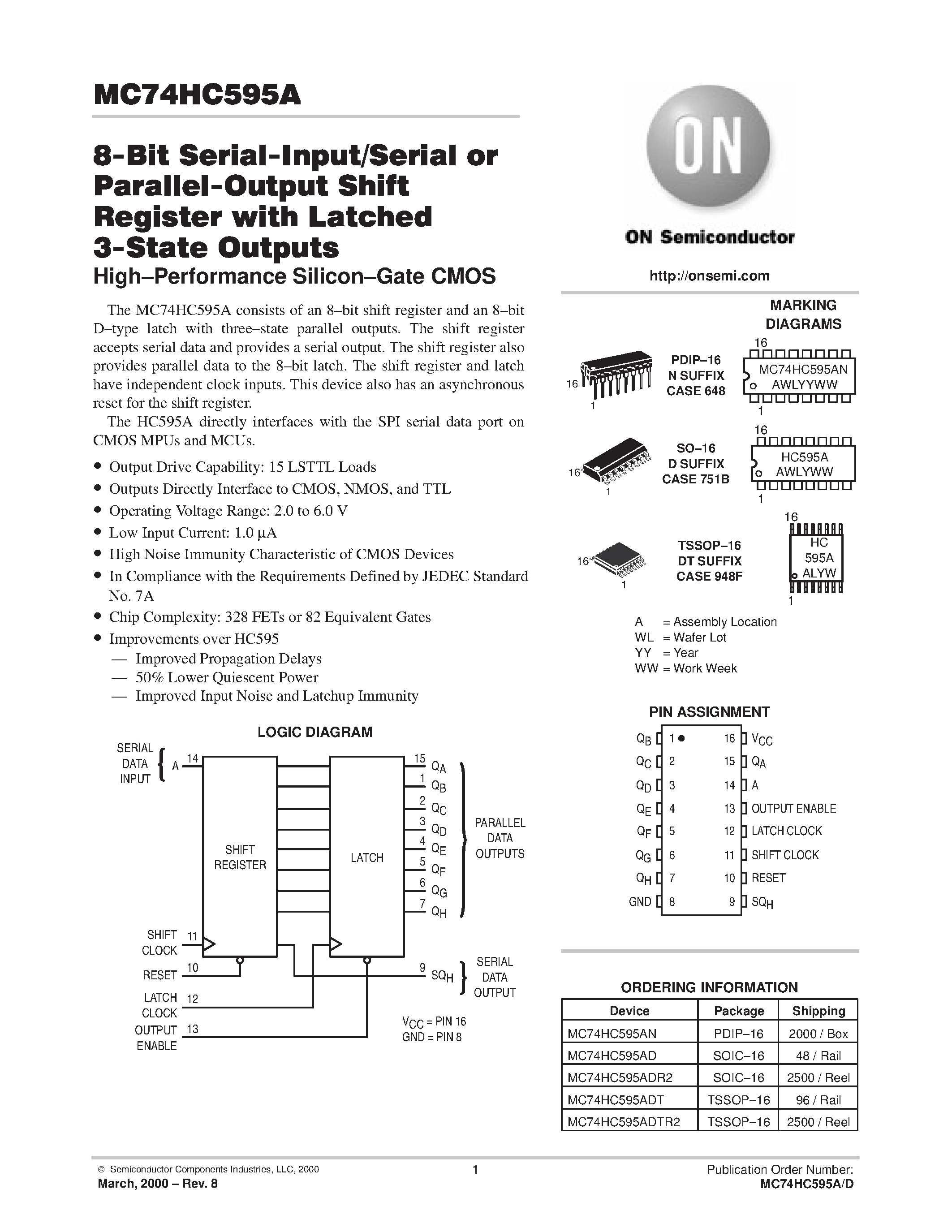 Даташит MC74HC595A - 8-Bit Serial-Input/Serial or Parallel-Output Shift Register with Latched 3-State Outputs страница 1