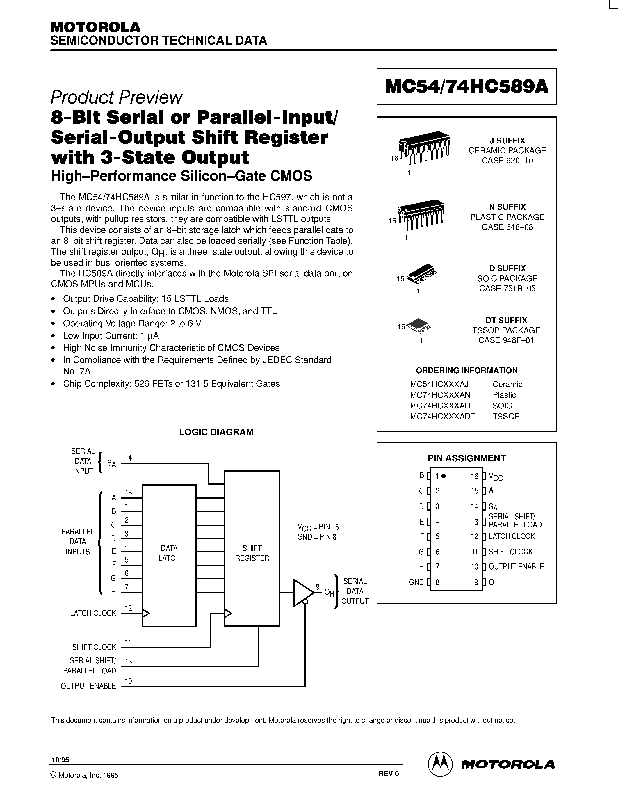 Даташит MC74HC589A - 8-Bit Serial or Parallel-Input/Serial-Output Shift Register with 3-State Output страница 1