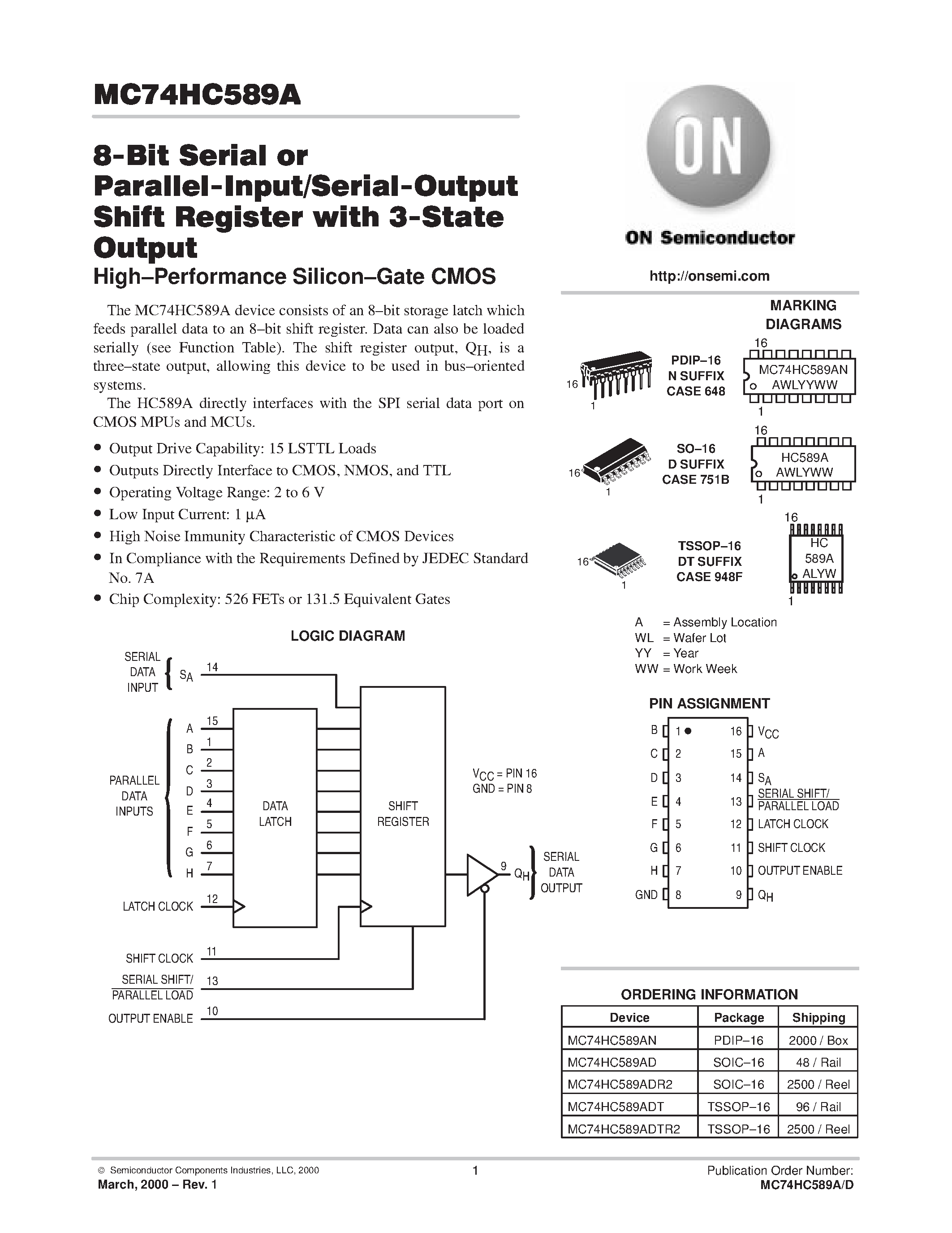 Даташит MC74HC589A - 8-Bit Serial or Parallel-Input/Serial-Output Shift Register with 3-State Output страница 1