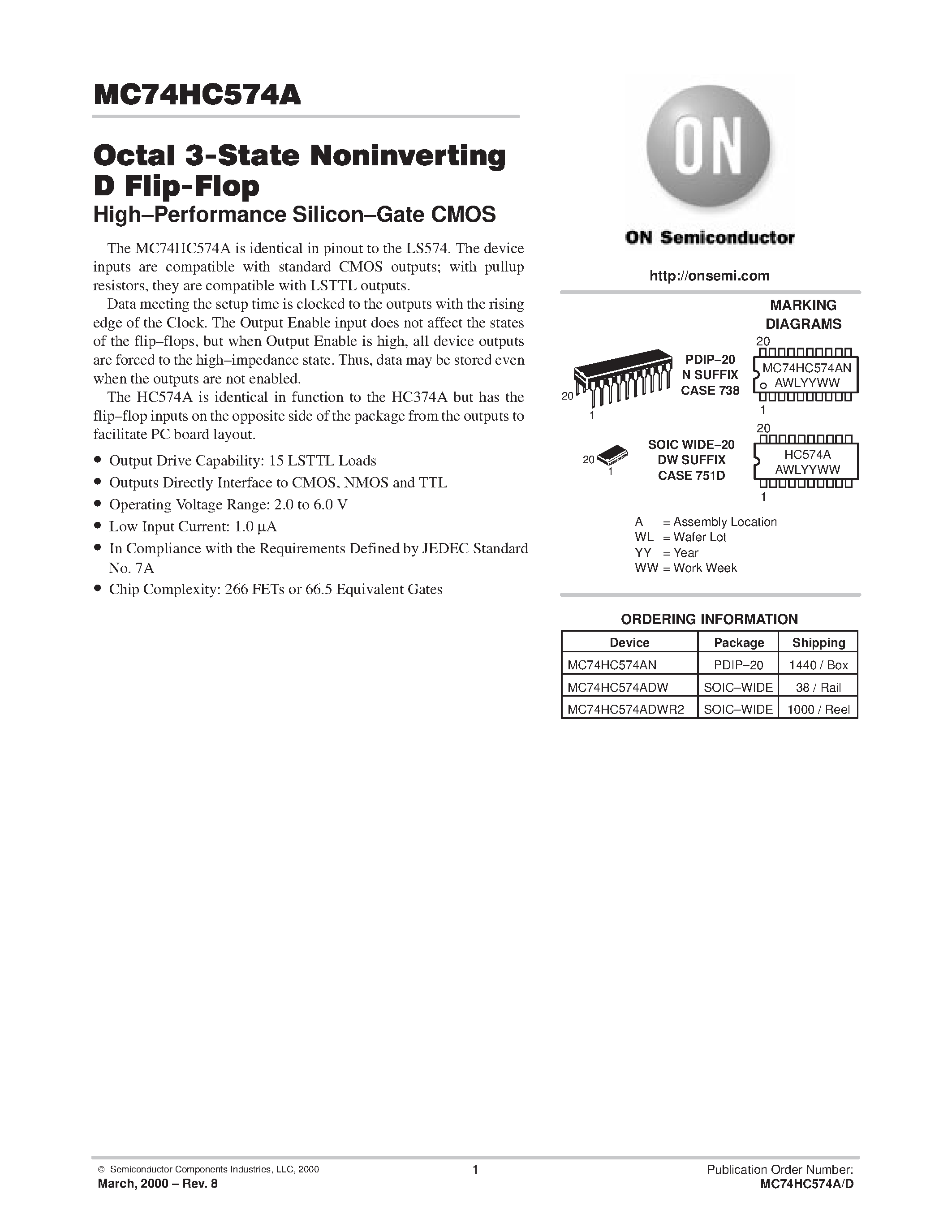 Даташит MC74HC574A - Octal 3-State Noninverting D Flip-Flop страница 1