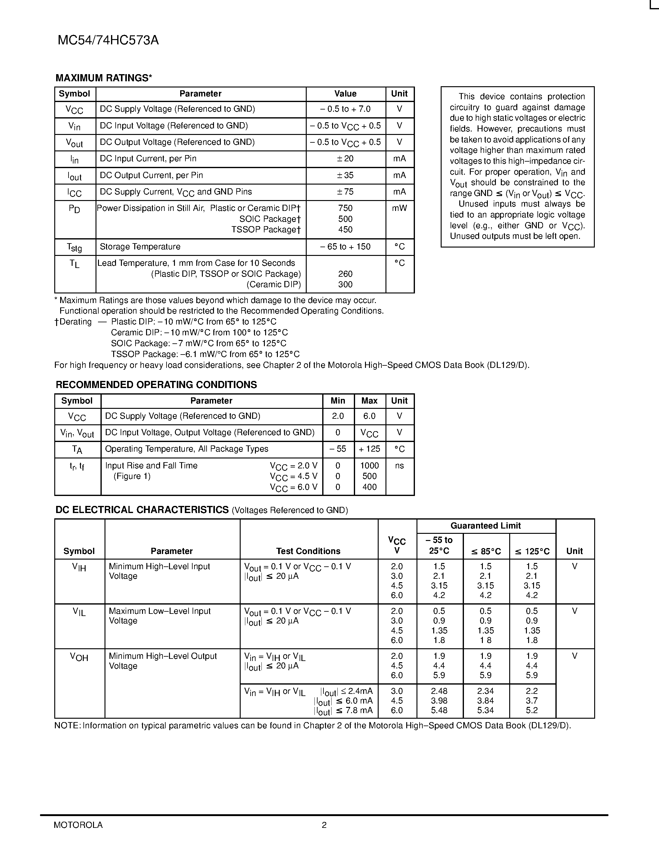 Даташит MC74HC573A - Octal 3-State Inverting Transparent Latch страница 2