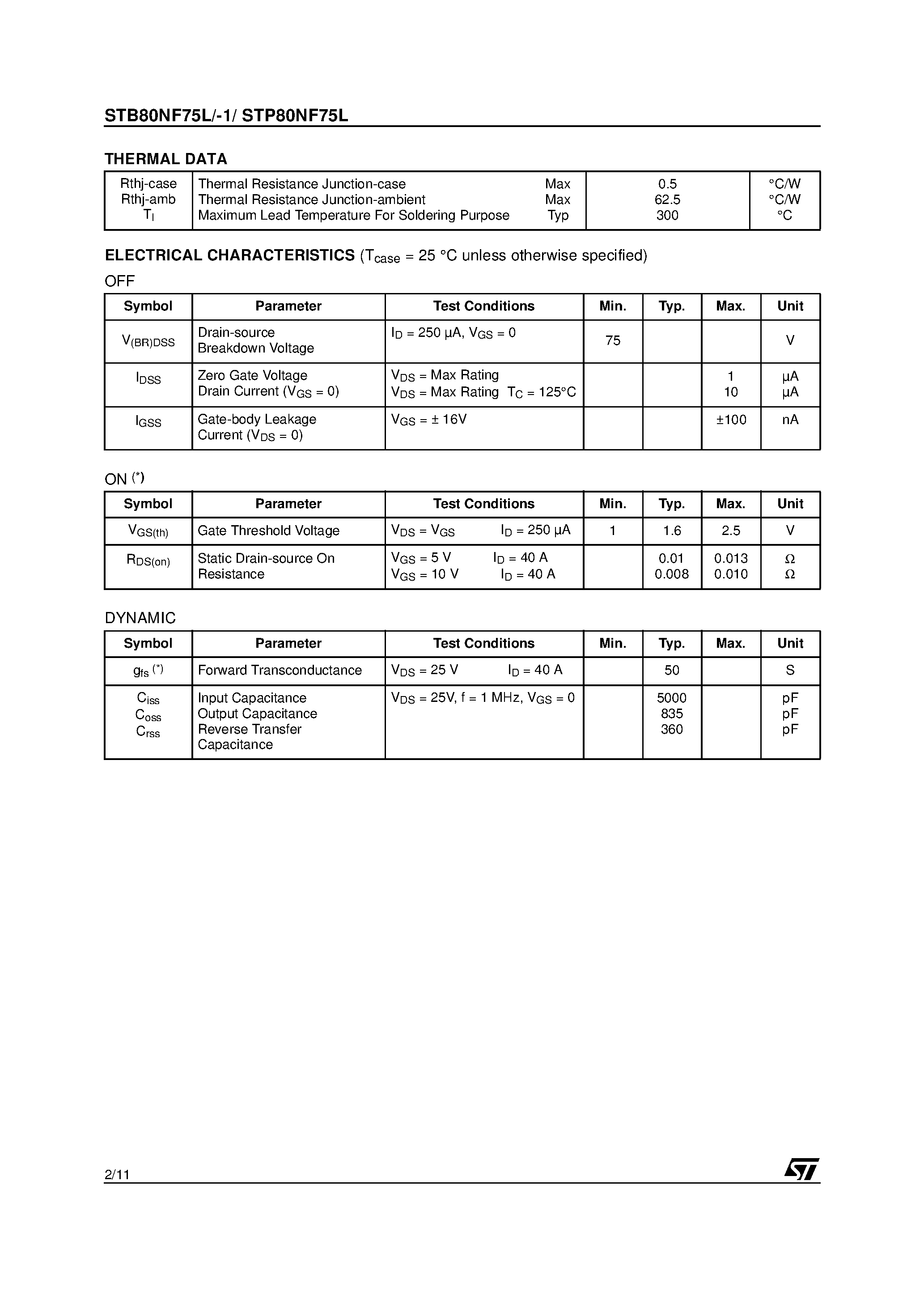 Datasheet STP80NF75L page 2 Datasheet STP80NF75L - N - CHANNEL POWER MOSFET page 2