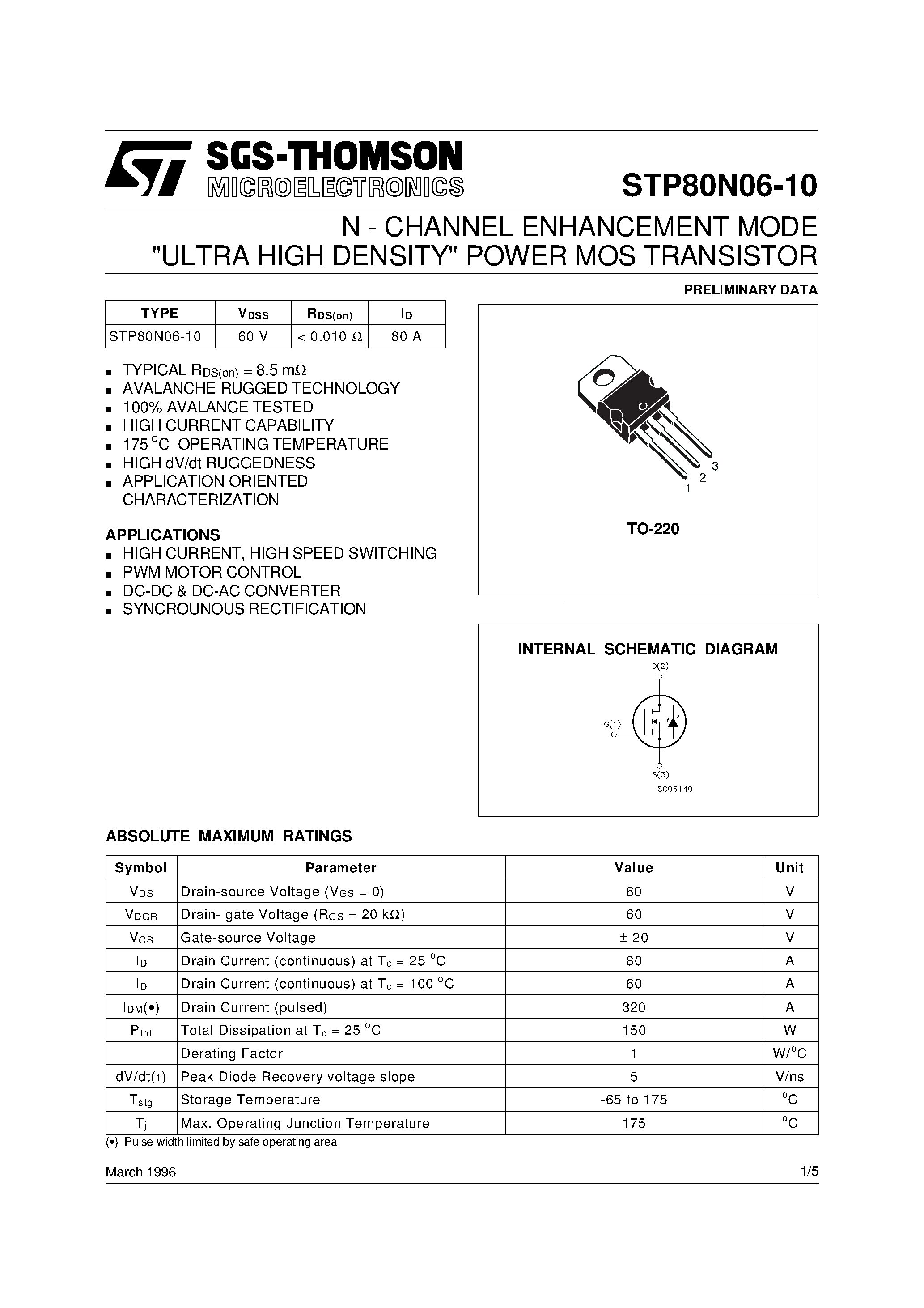 Datasheet STP80N06-10 page 1 Datasheet STP80N06-10 - N - CHANNEL ENHANCEMENT MODE ULTRA HIGH DENSITY POWER MOS TRANSISTOR page 1