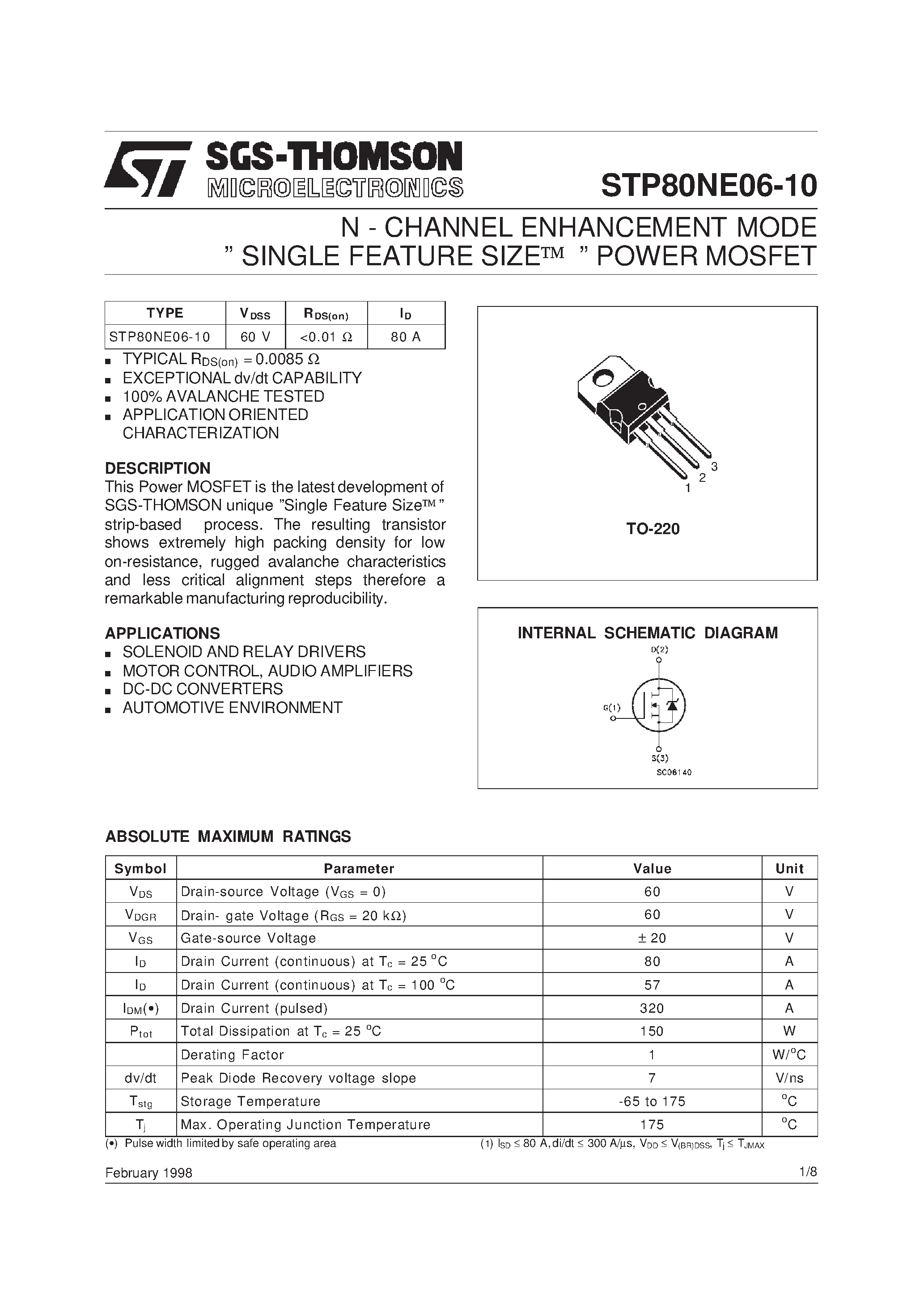 Datasheet STP80NE06-10 page 1 Datasheet STP80NE06-10 - N - CHANNEL ENHANCEMENT MODE SINGLE FEATURE SIZE POWER MOSFET page 1