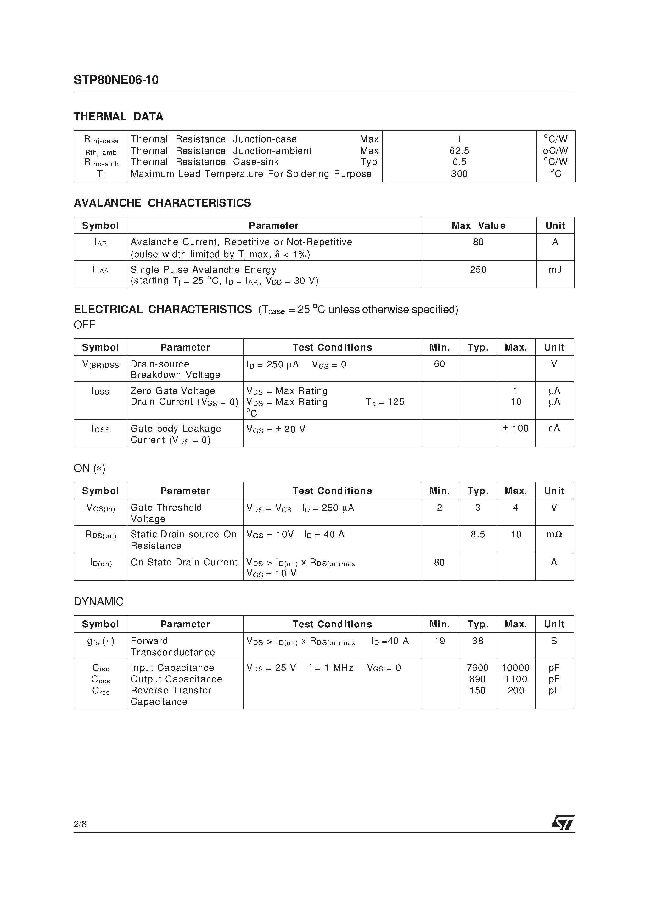 Datasheet STP80NE06-10 page 2 Datasheet STP80NE06-10 - N - CHANNEL ENHANCEMENT MODE SINGLE FEATURE SIZE POWER MOSFET page 2