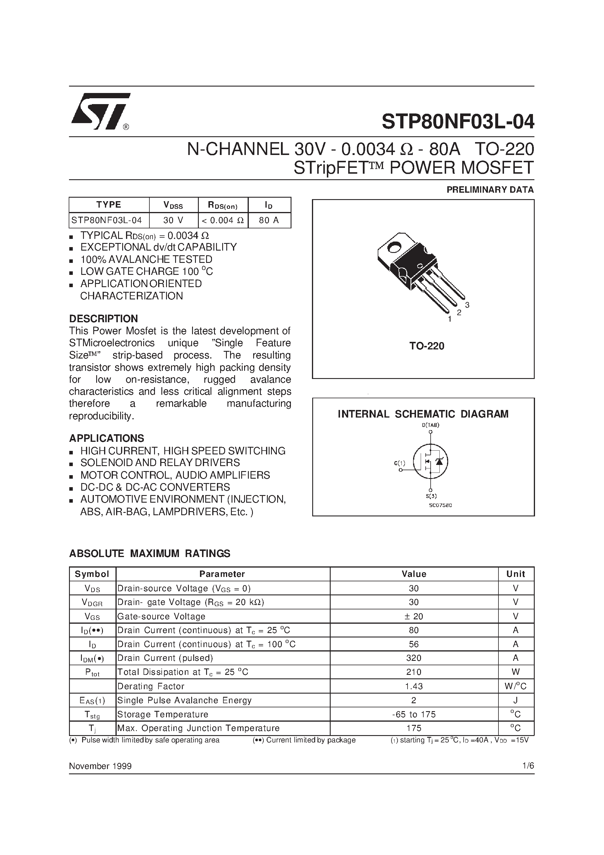 Datasheet STP80NF03L-04 - N - CHANNEL POWER MOSFET page 1
