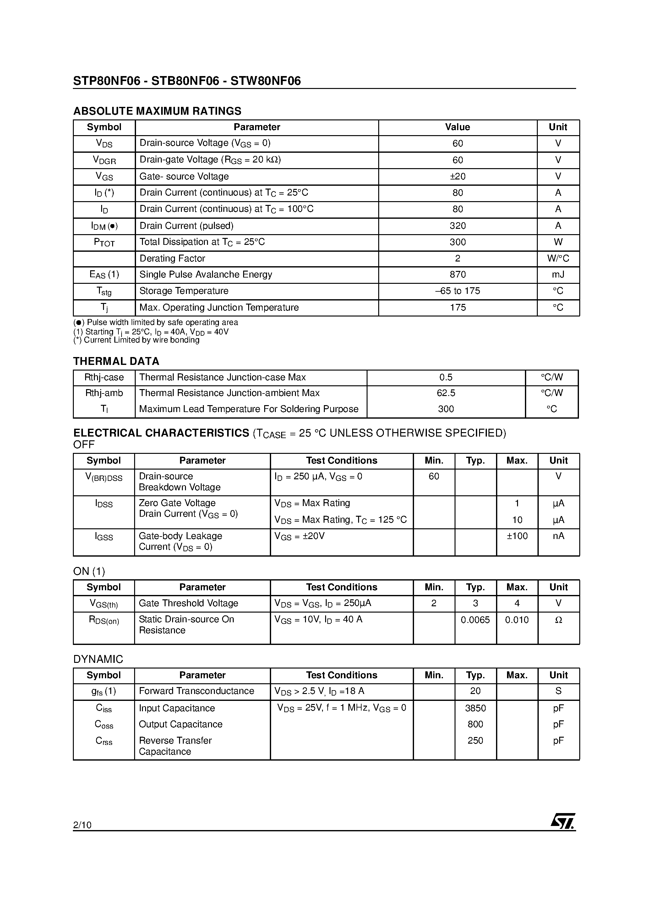 Datasheet STP80NF06 - N - CHANNEL POWER MOSFET page 2